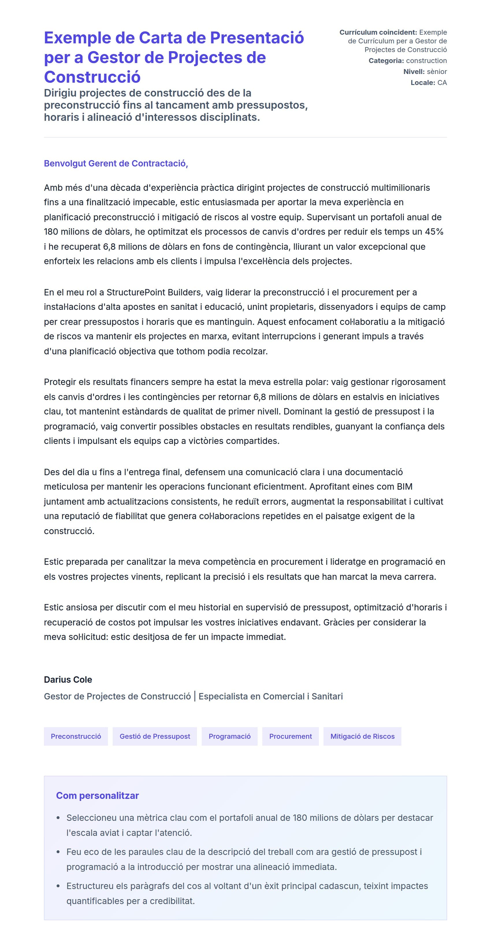 Previsualització de la carta de presentació per a Exemple de Carta de Presentació per a Gestor de Projectes de Construcció