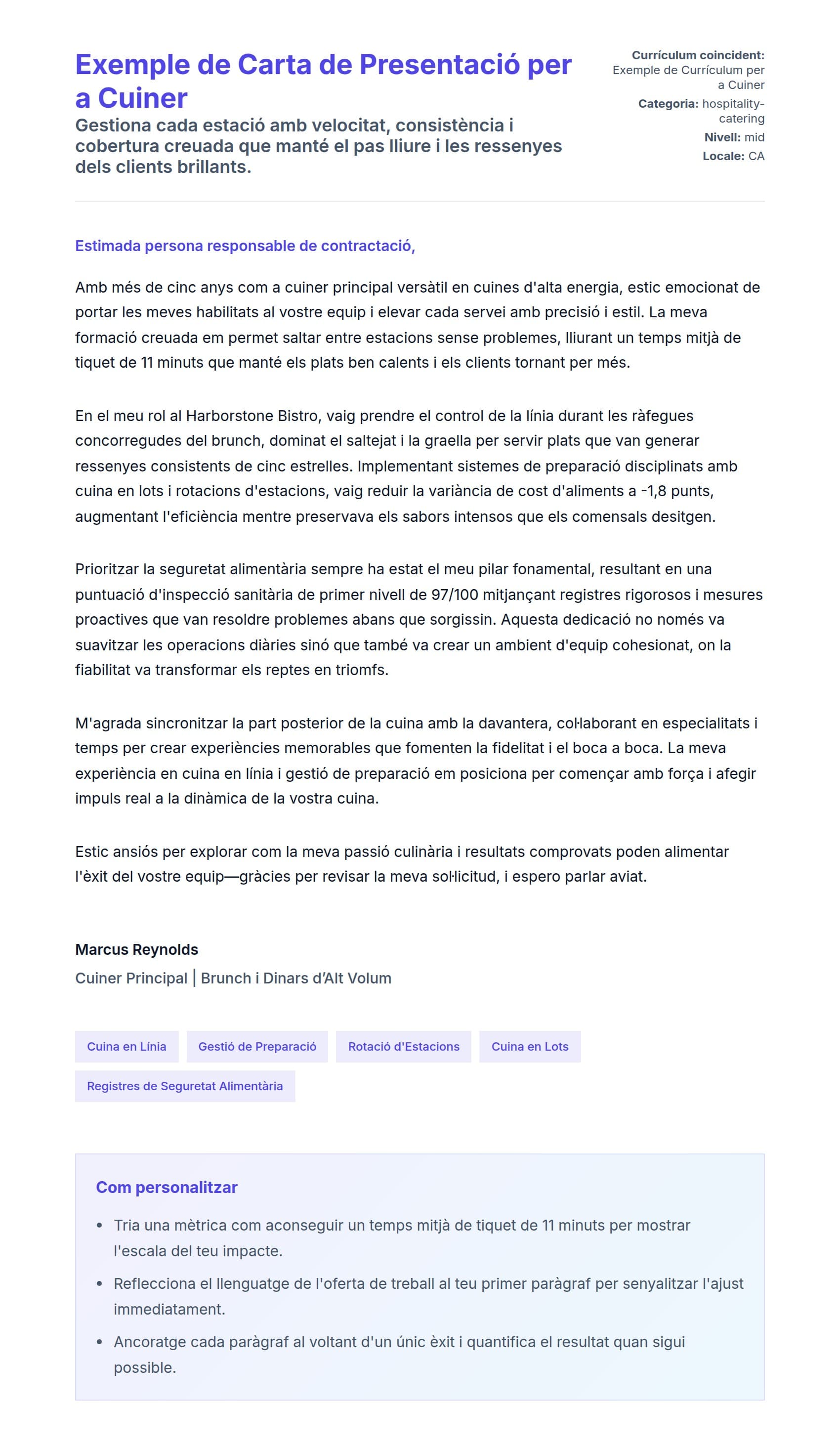 Previsualització de la carta de presentació per a Exemple de Carta de Presentació per a Cuiner