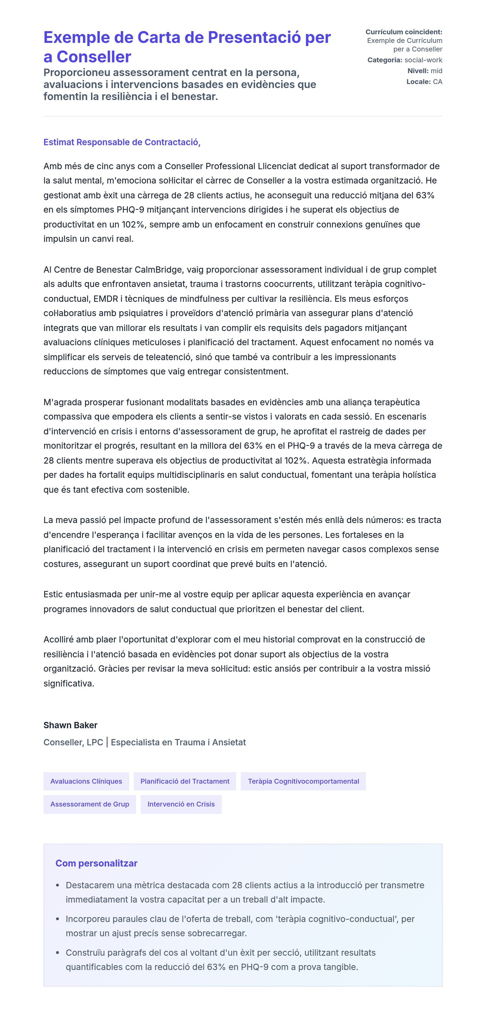 Previsualització de la carta de presentació per a Exemple de Carta de Presentació per a Conseller