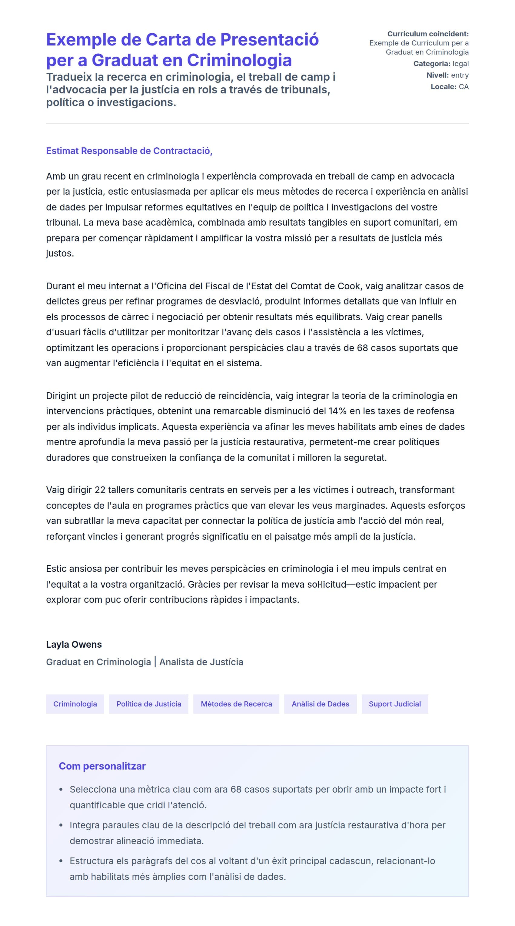 Previsualització de la carta de presentació per a Exemple de Carta de Presentació per a Graduat en Criminologia