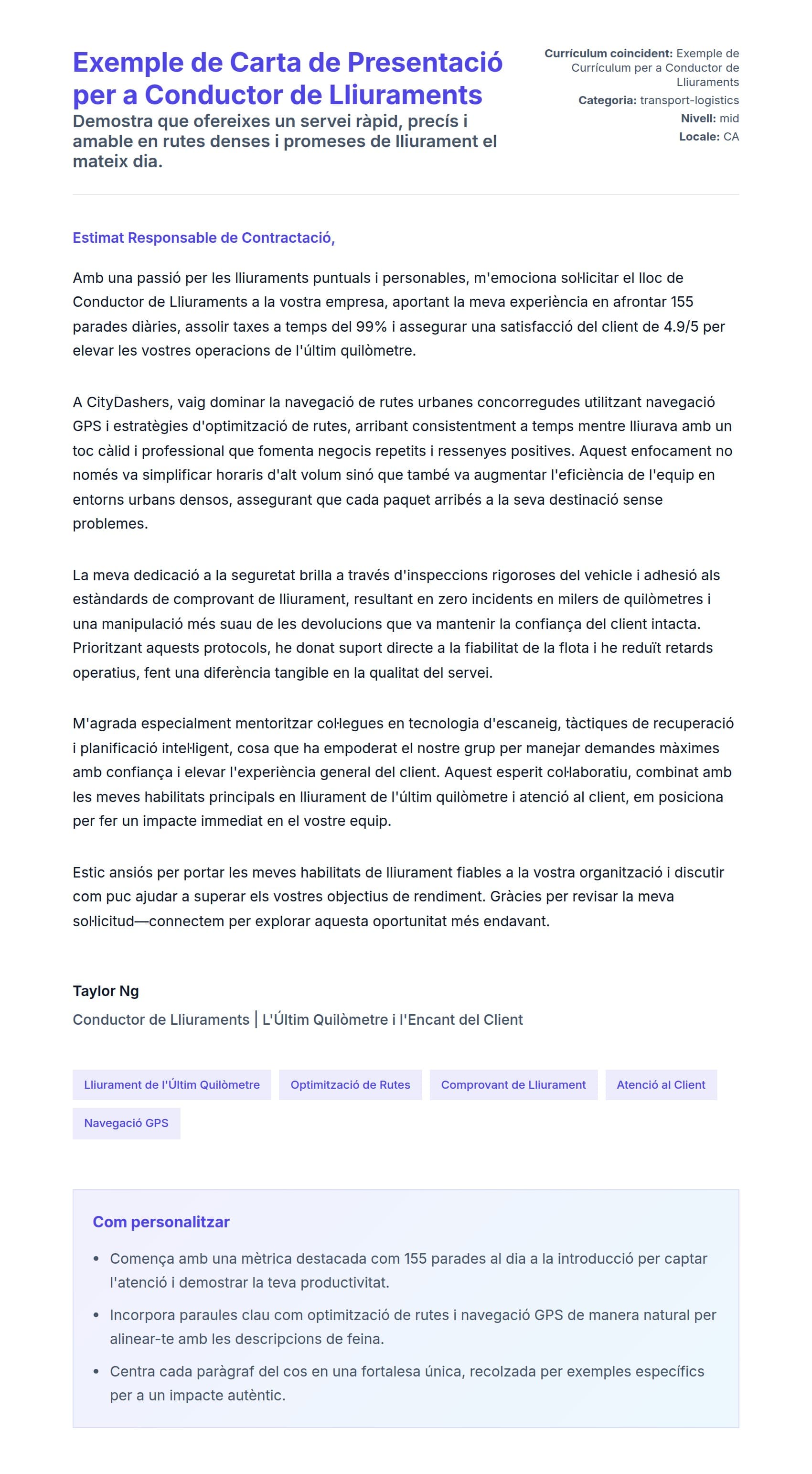 Previsualització de la carta de presentació per a Exemple de Carta de Presentació per a Conductor de Lliuraments