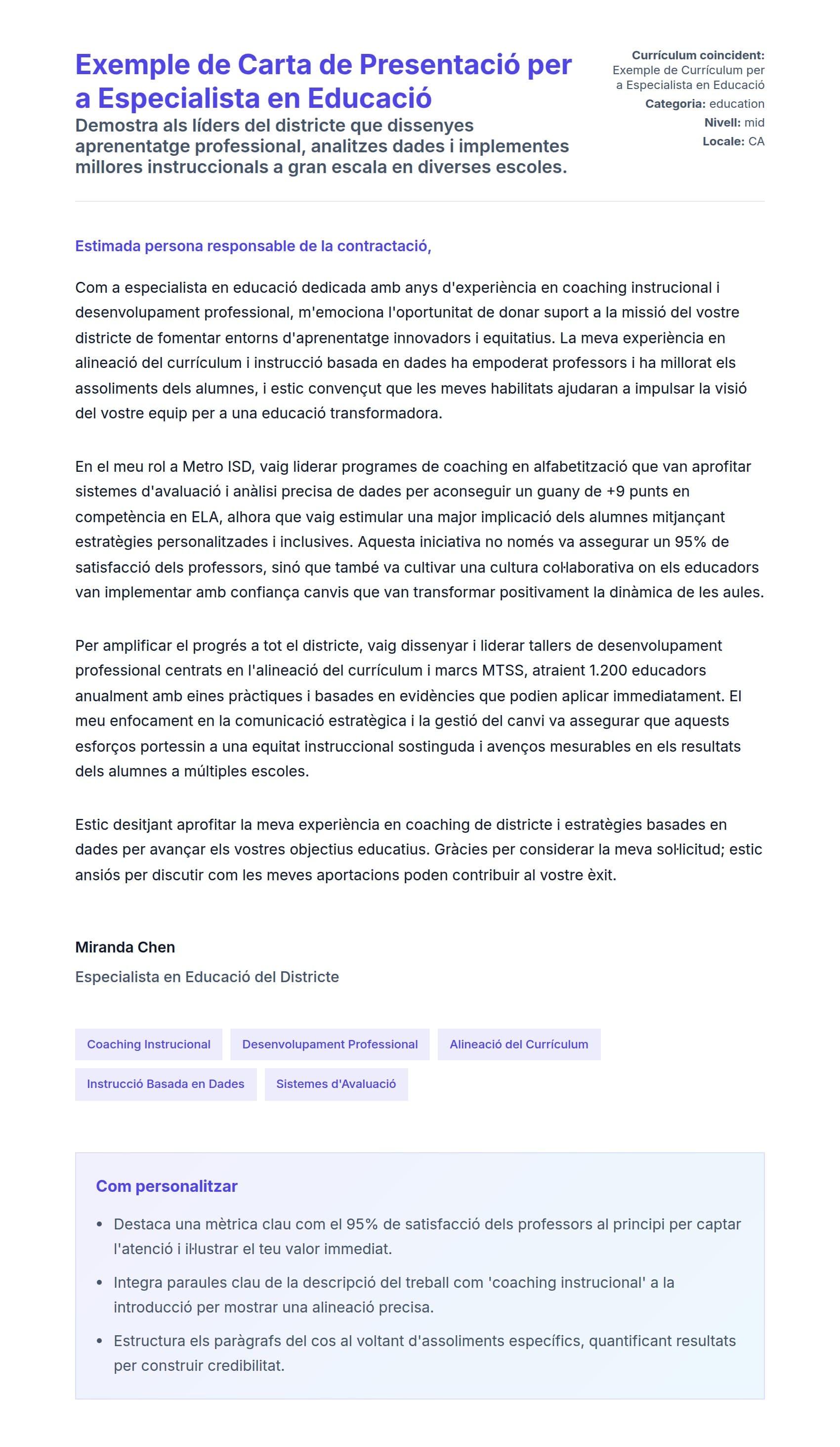 Previsualització de la carta de presentació per a Exemple de Carta de Presentació per a Especialista en Educació