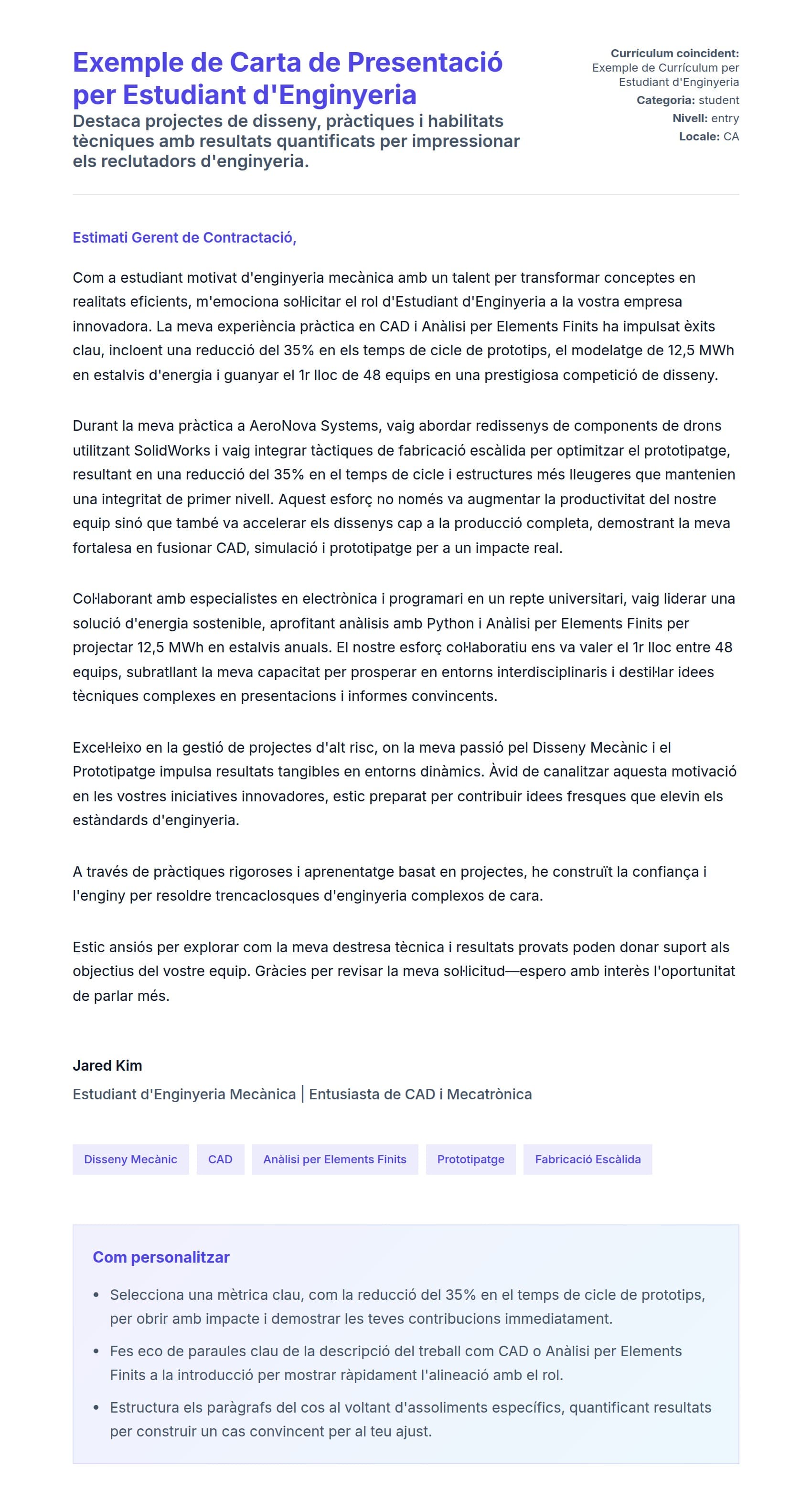 Previsualització de la carta de presentació per a Exemple de Carta de Presentació per Estudiant d'Enginyeria