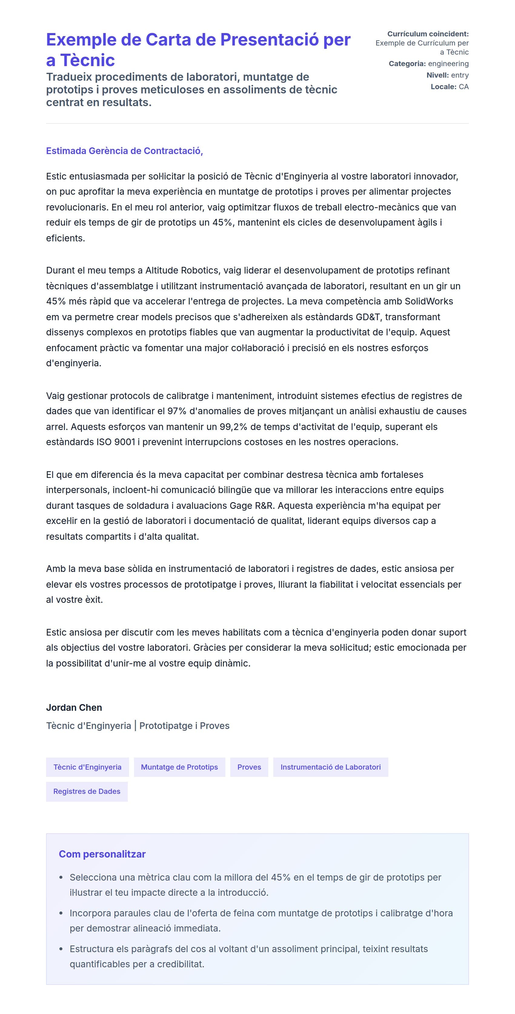 Previsualització de la carta de presentació per a Exemple de Carta de Presentació per a Tècnic