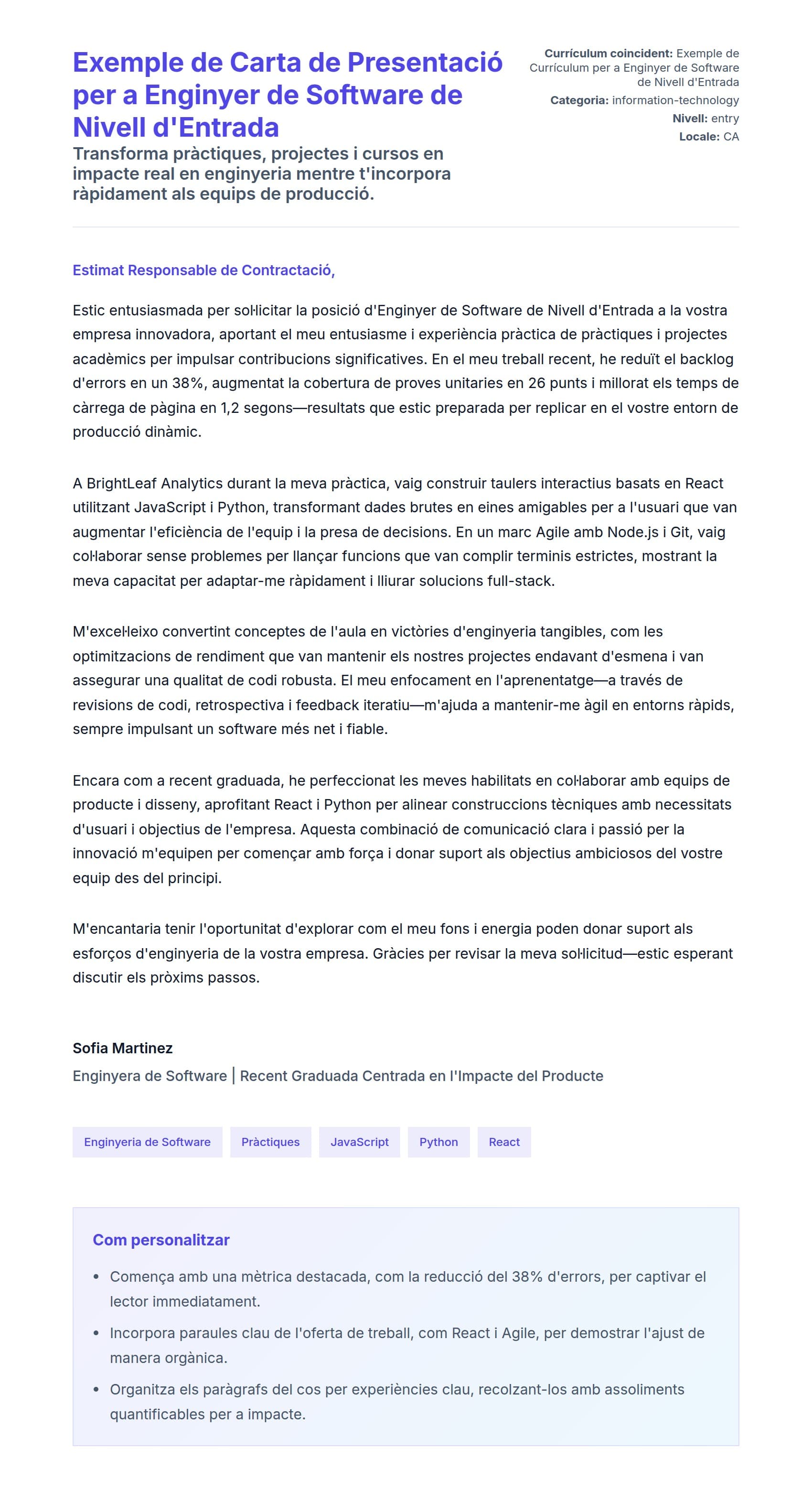 Previsualització de la carta de presentació per a Exemple de Carta de Presentació per a Enginyer de Software de Nivell d'Entrada