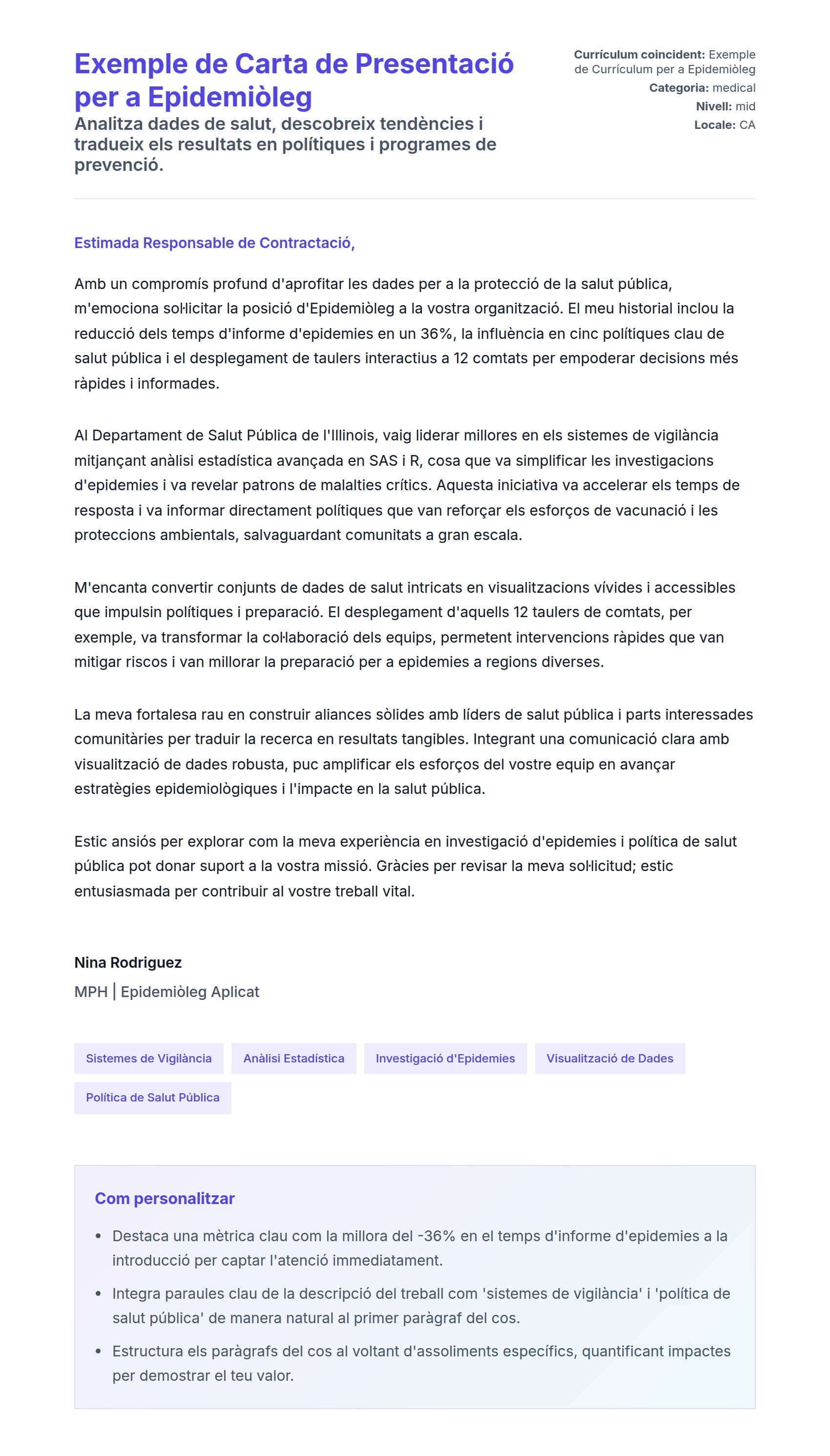 Previsualització de la carta de presentació per a Exemple de Carta de Presentació per a Epidemiòleg