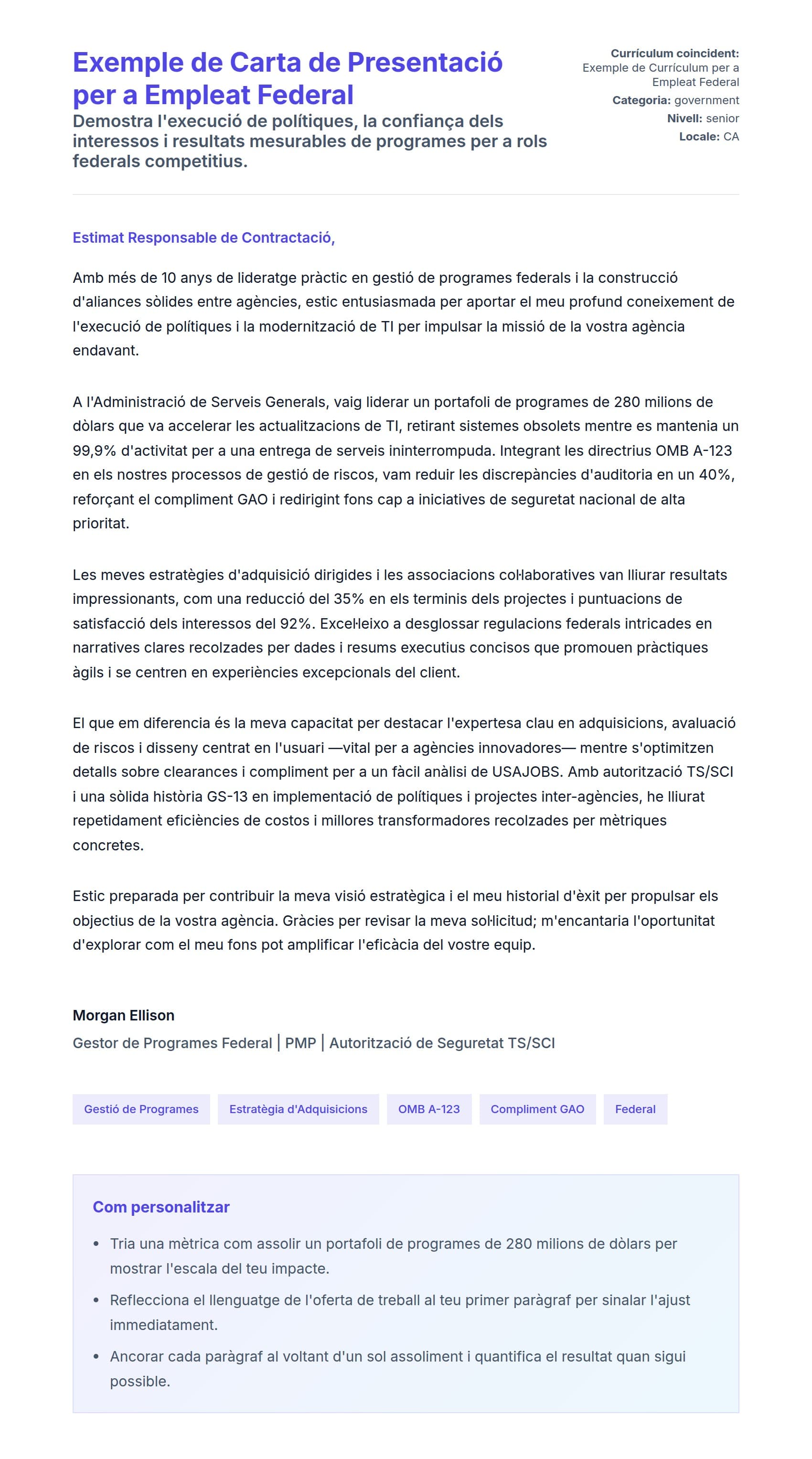 Previsualització de la carta de presentació per a Exemple de Carta de Presentació per a Empleat Federal