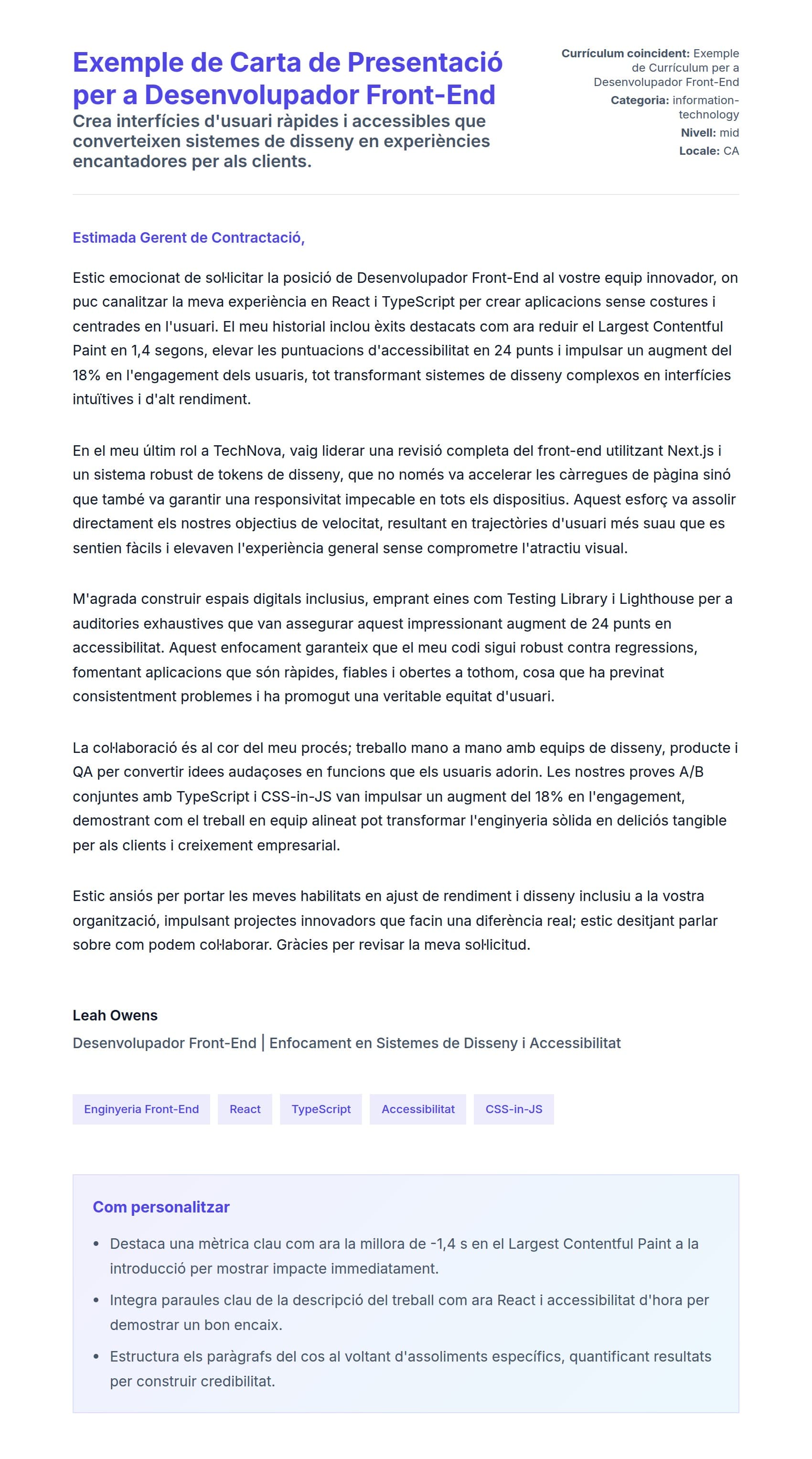 Previsualització de la carta de presentació per a Exemple de Carta de Presentació per a Desenvolupador Front-End