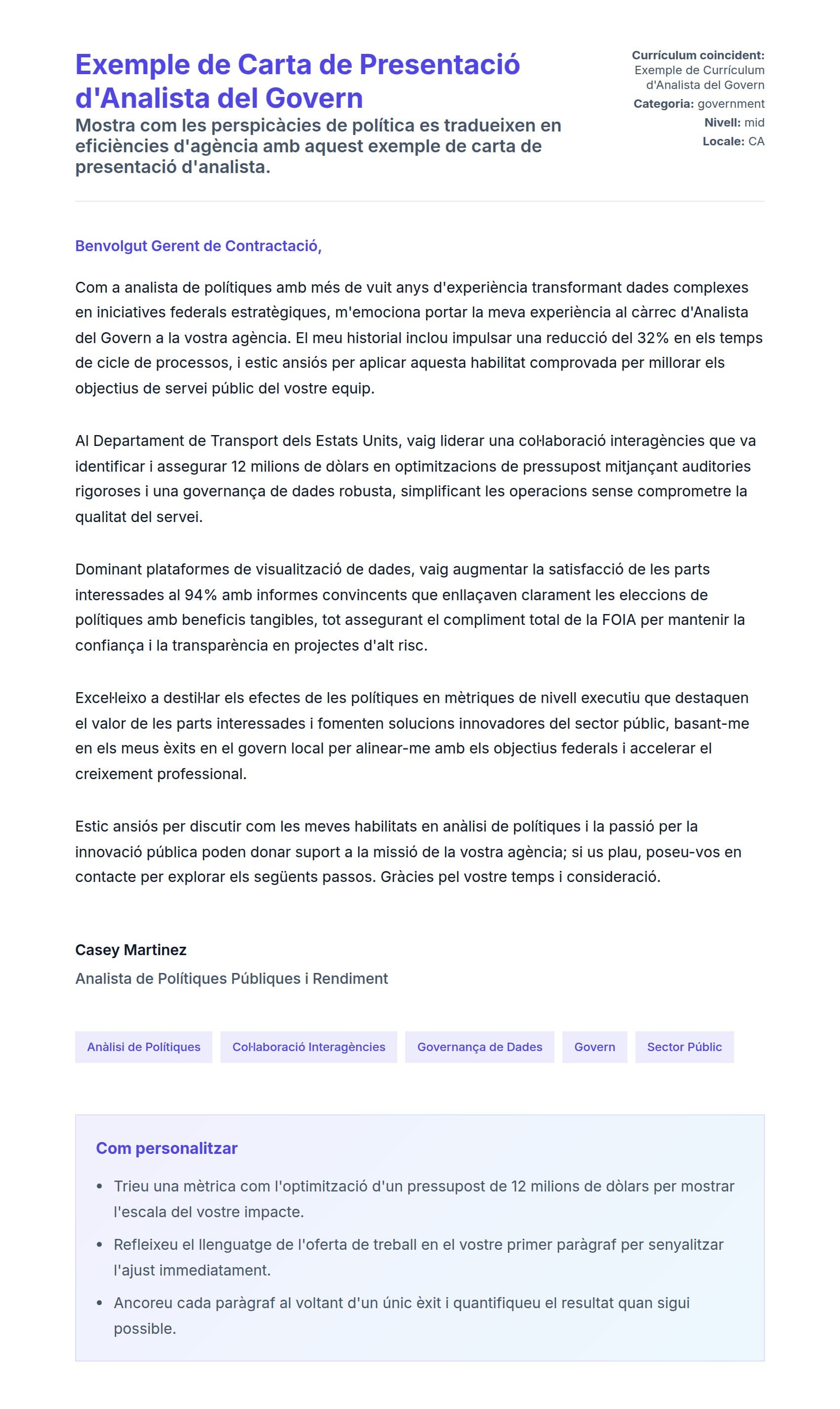 Previsualització de la carta de presentació per a Exemple de Carta de Presentació d'Analista del Govern