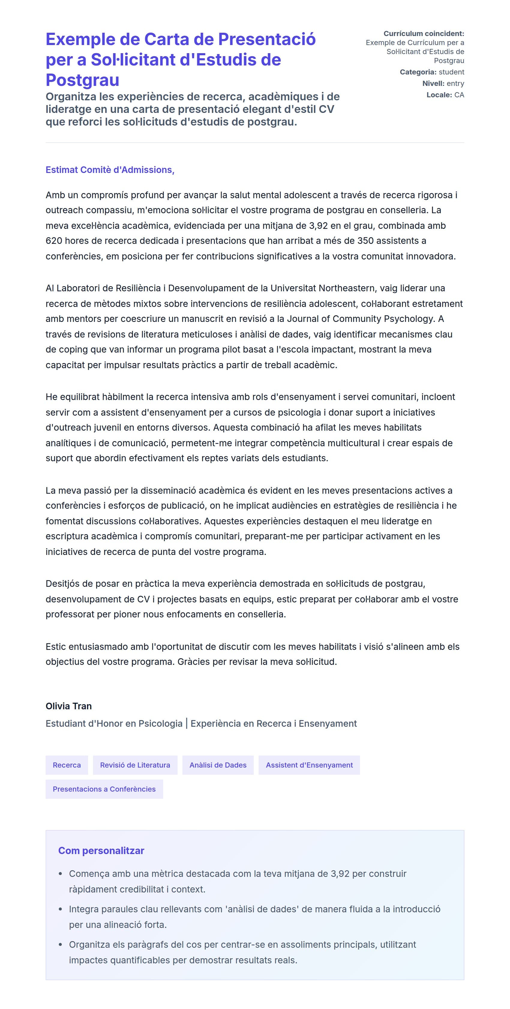 Previsualització de la carta de presentació per a Exemple de Carta de Presentació per a Sol·licitant d'Estudis de Postgrau