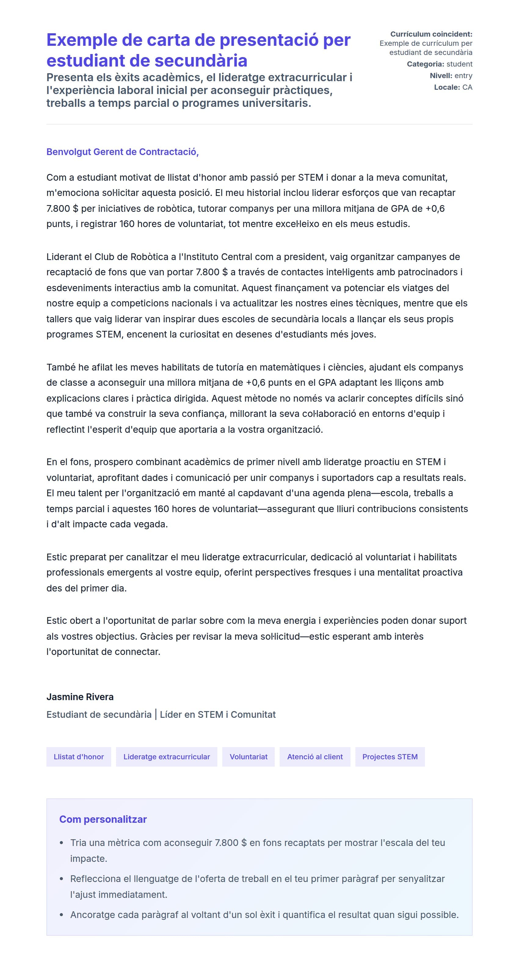 Previsualització de la carta de presentació per a Exemple de carta de presentació per estudiant de secundària