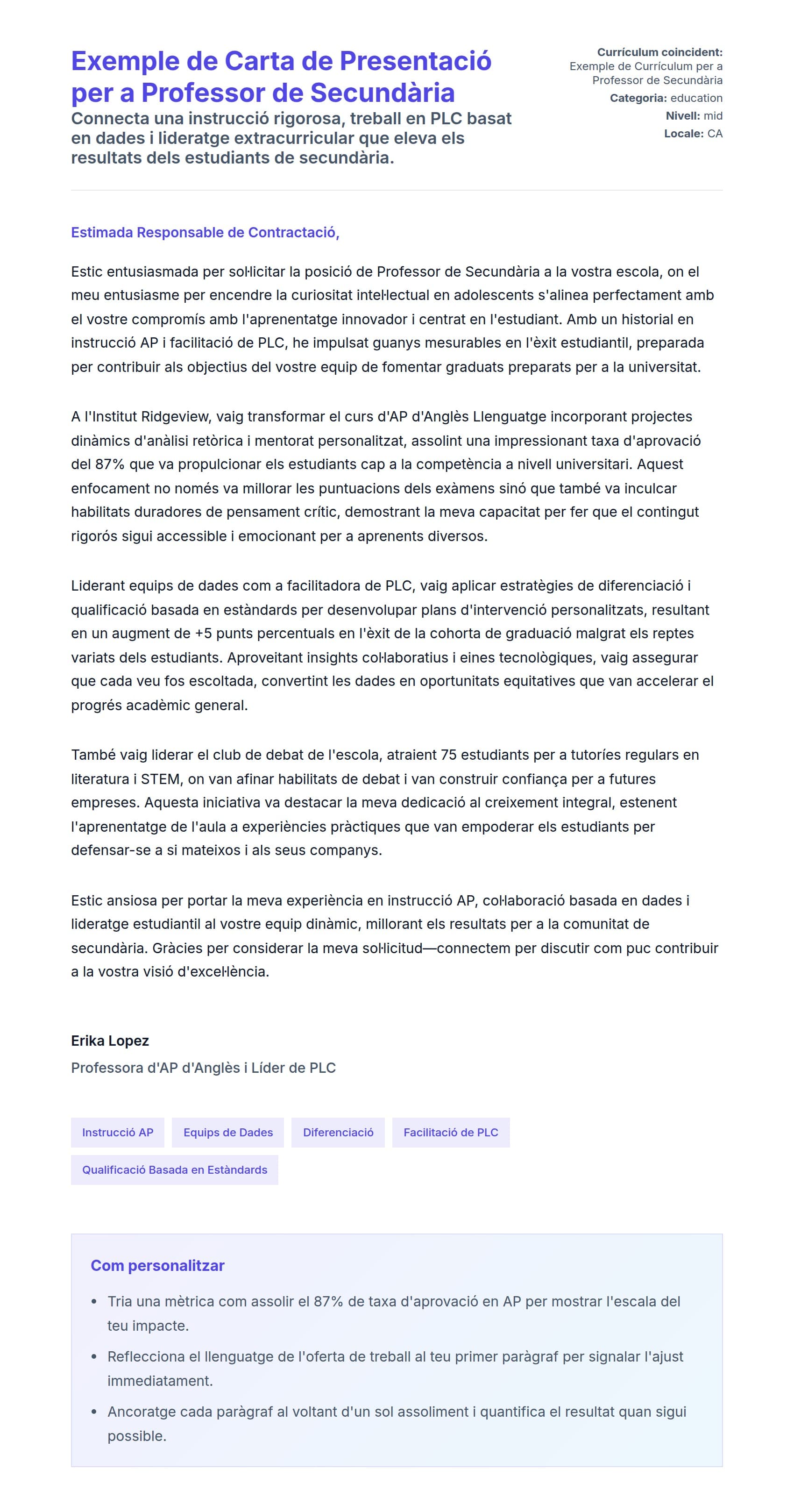 Previsualització de la carta de presentació per a Exemple de Carta de Presentació per a Professor de Secundària