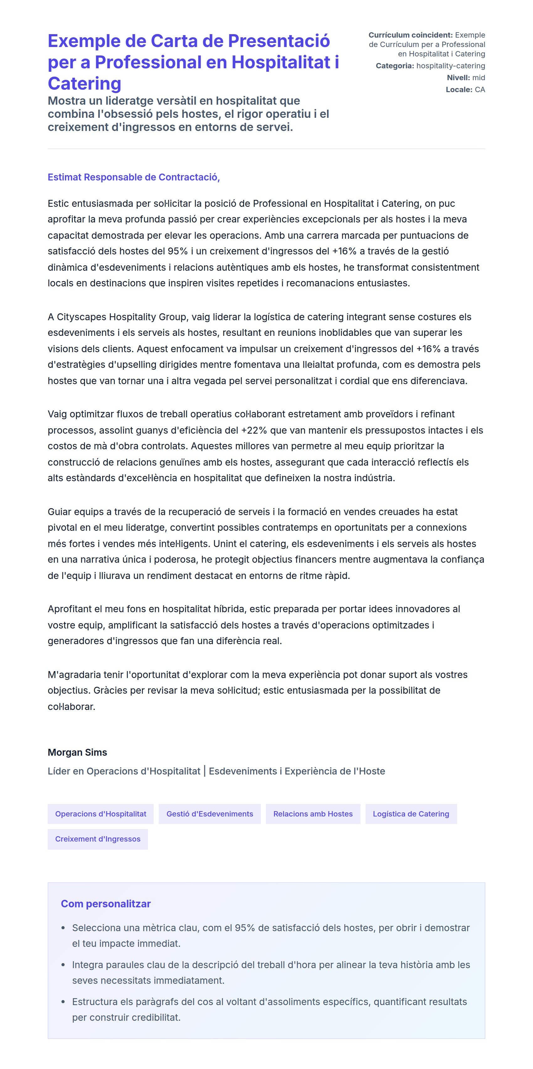 Previsualització de la carta de presentació per a Exemple de Carta de Presentació per a Professional en Hospitalitat i Catering