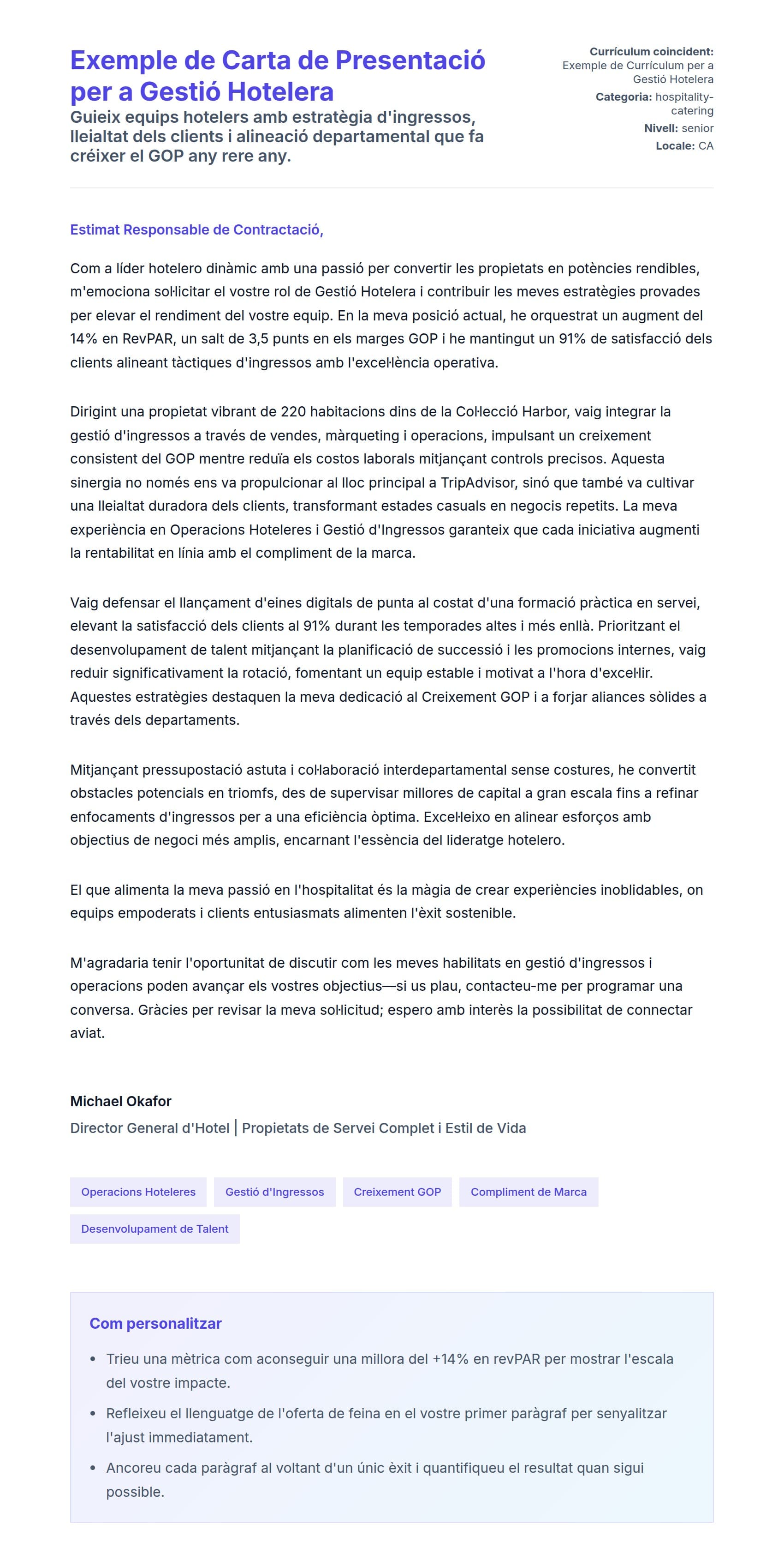 Previsualització de la carta de presentació per a Exemple de Carta de Presentació per a Gestió Hotelera