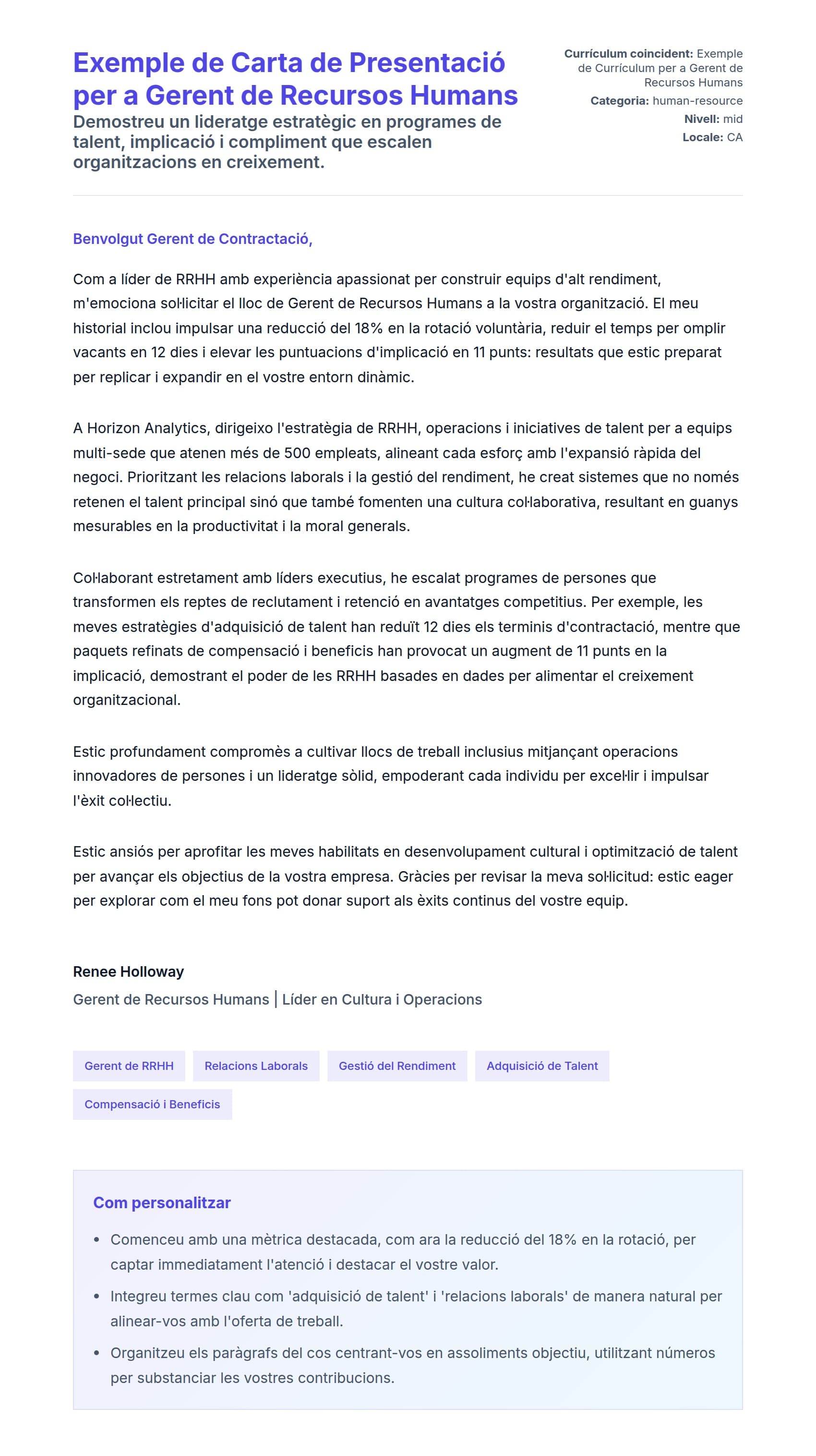 Previsualització de la carta de presentació per a Exemple de Carta de Presentació per a Gerent de Recursos Humans