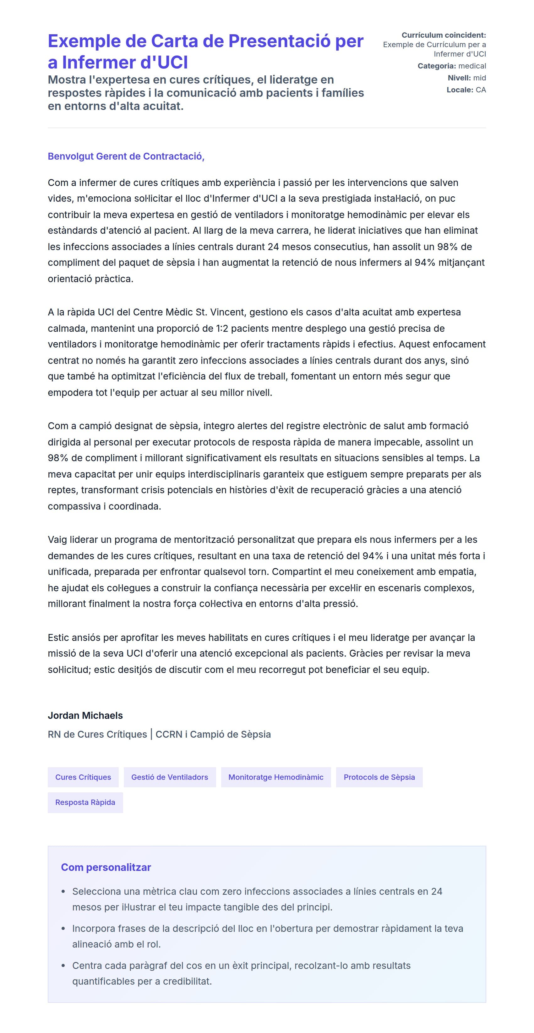 Previsualització de la carta de presentació per a Exemple de Carta de Presentació per a Infermer d'UCI