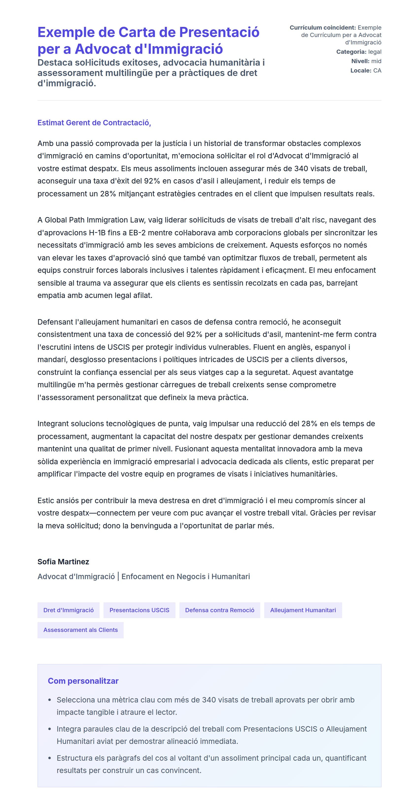 Previsualització de la carta de presentació per a Exemple de Carta de Presentació per a Advocat d'Immigració