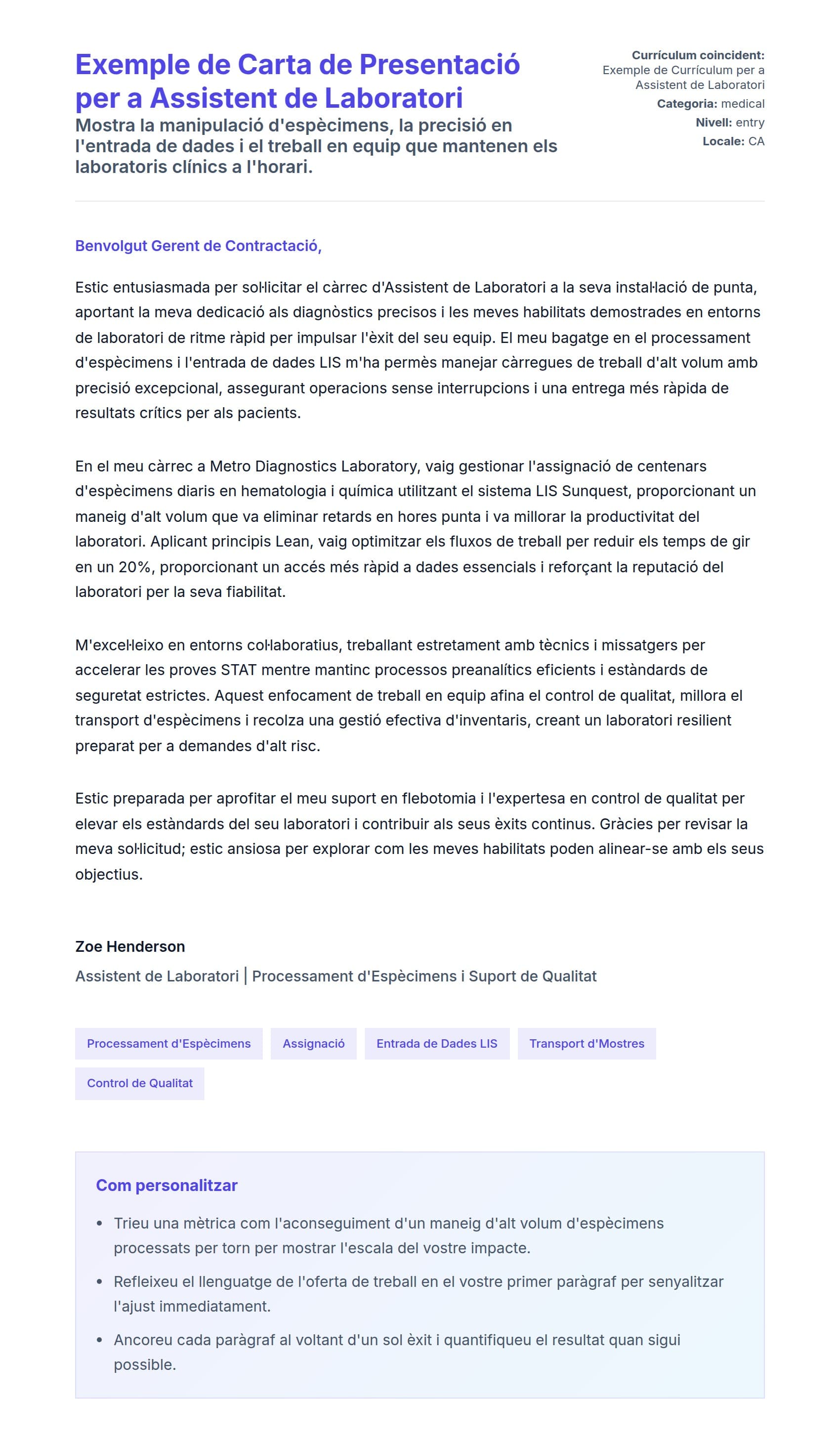 Previsualització de la carta de presentació per a Exemple de Carta de Presentació per a Assistent de Laboratori