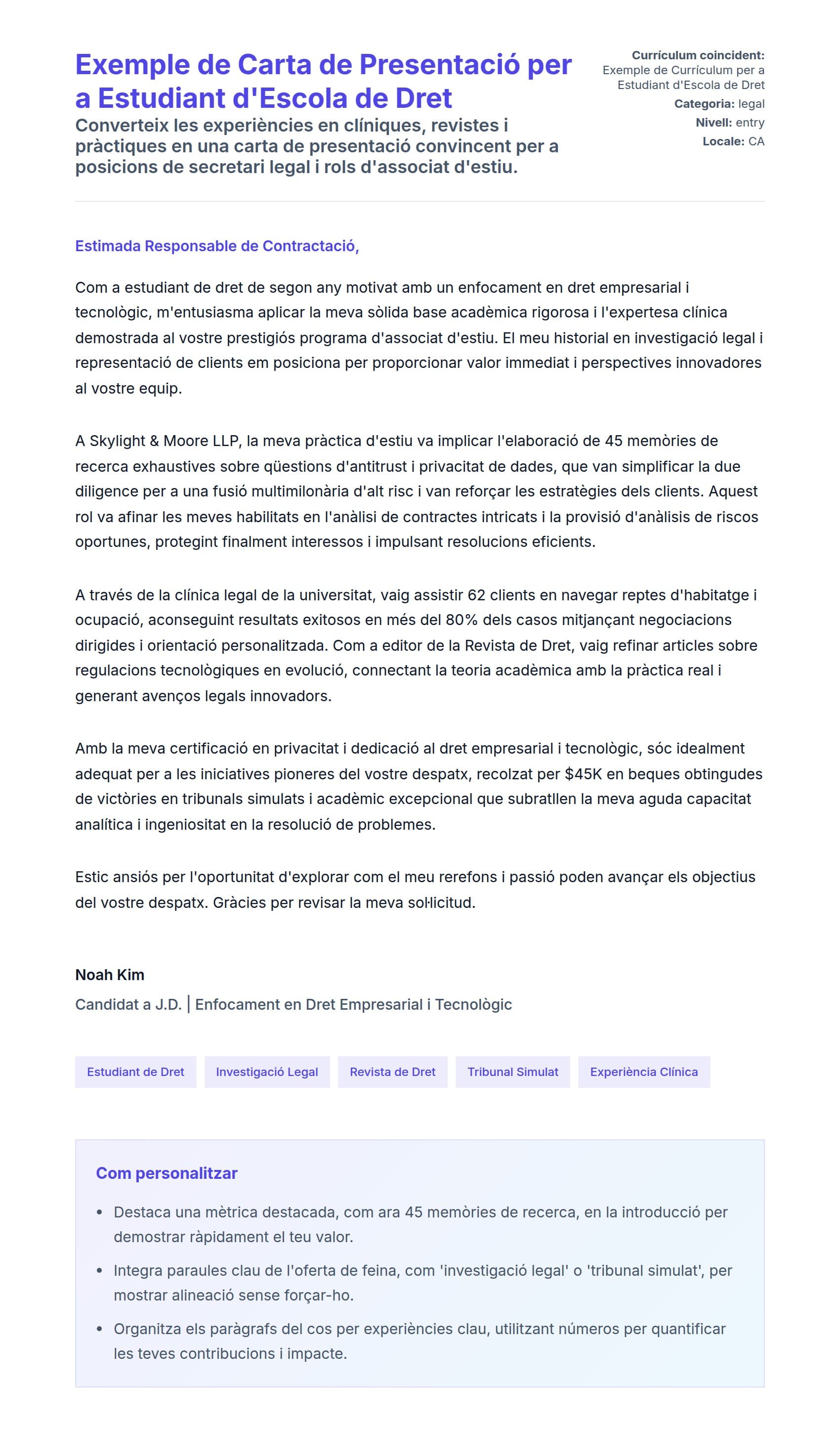 Previsualització de la carta de presentació per a Exemple de Carta de Presentació per a Estudiant d'Escola de Dret