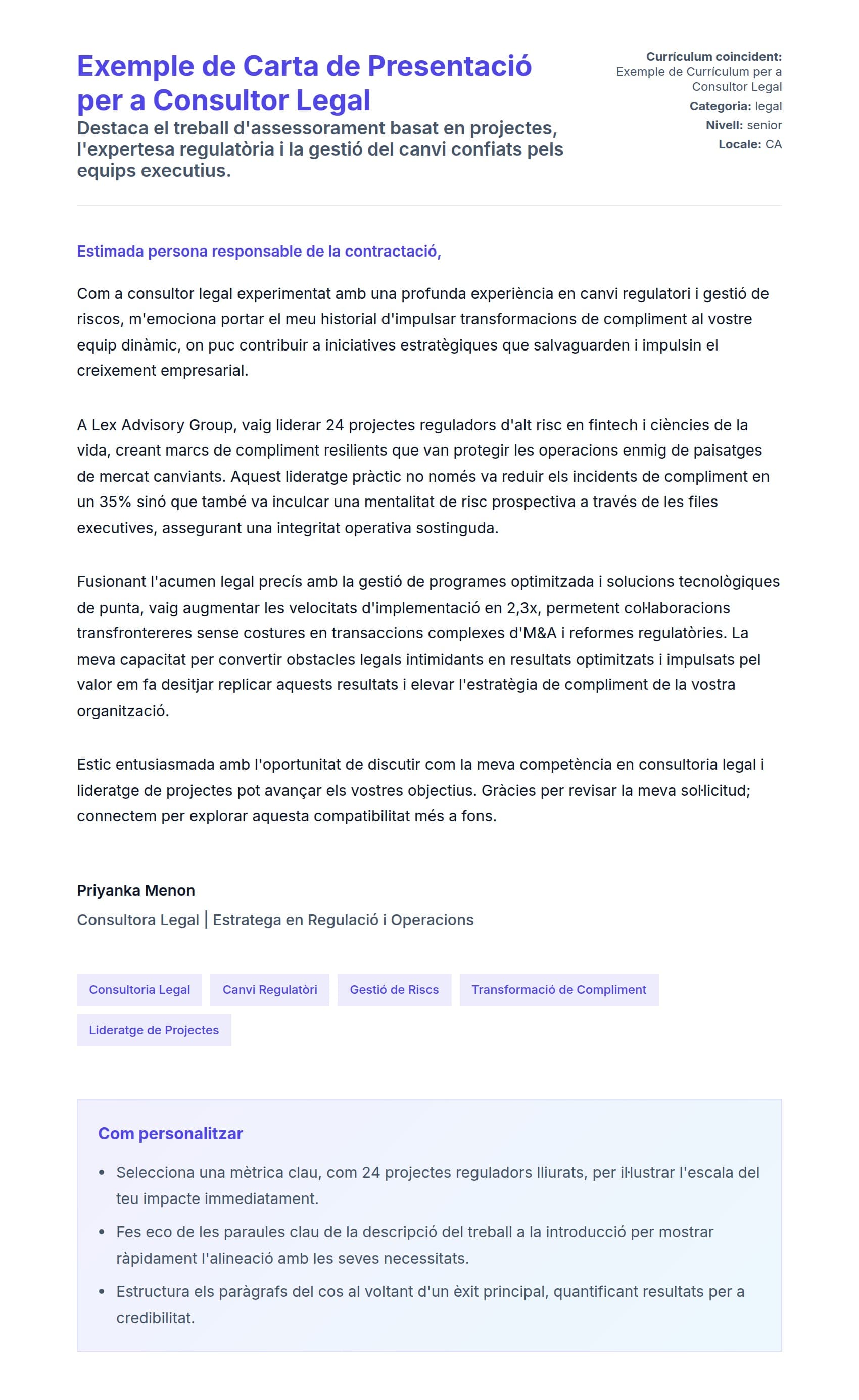 Previsualització de la carta de presentació per a Exemple de Carta de Presentació per a Consultor Legal