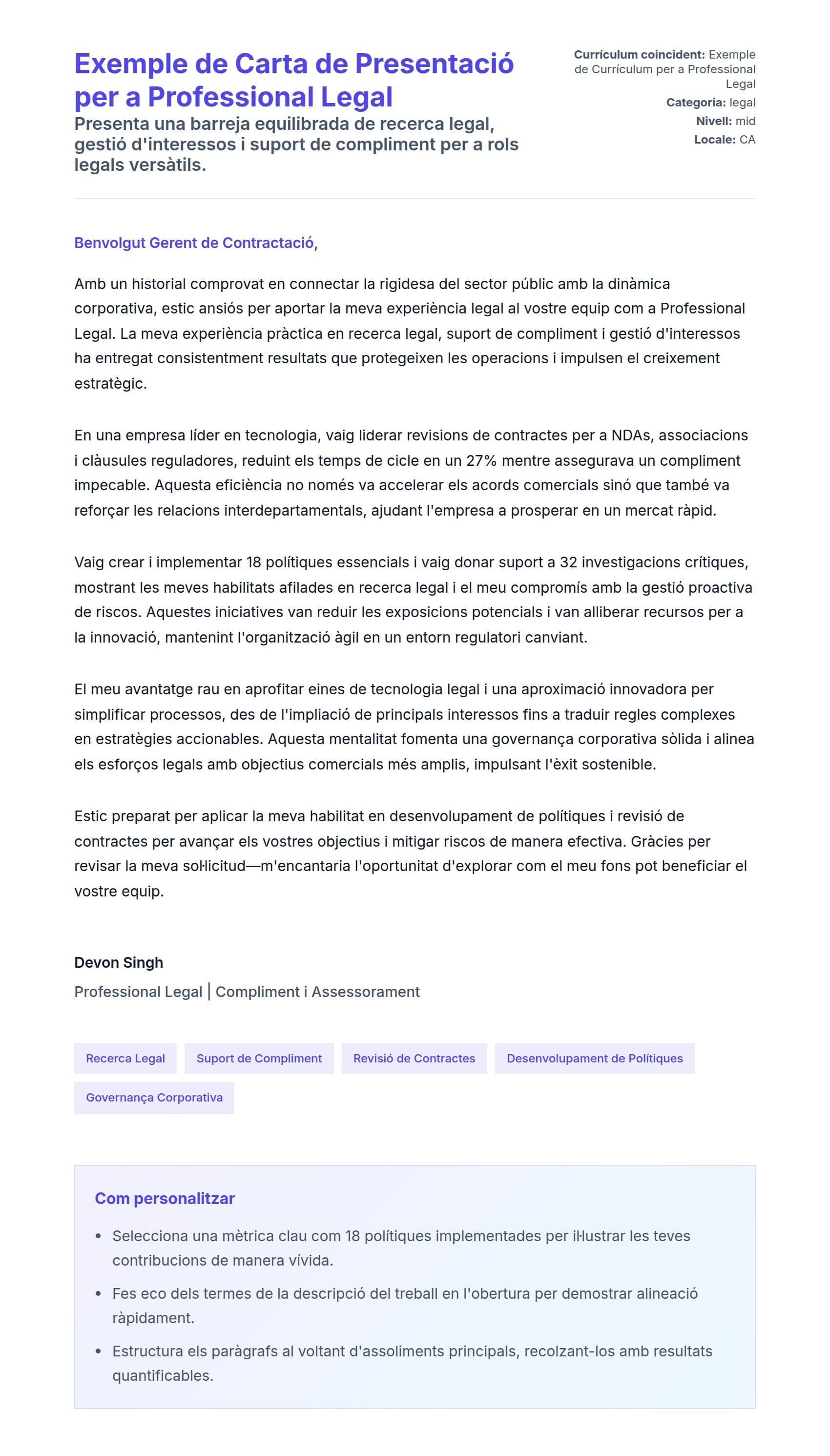 Previsualització de la carta de presentació per a Exemple de Carta de Presentació per a Professional Legal