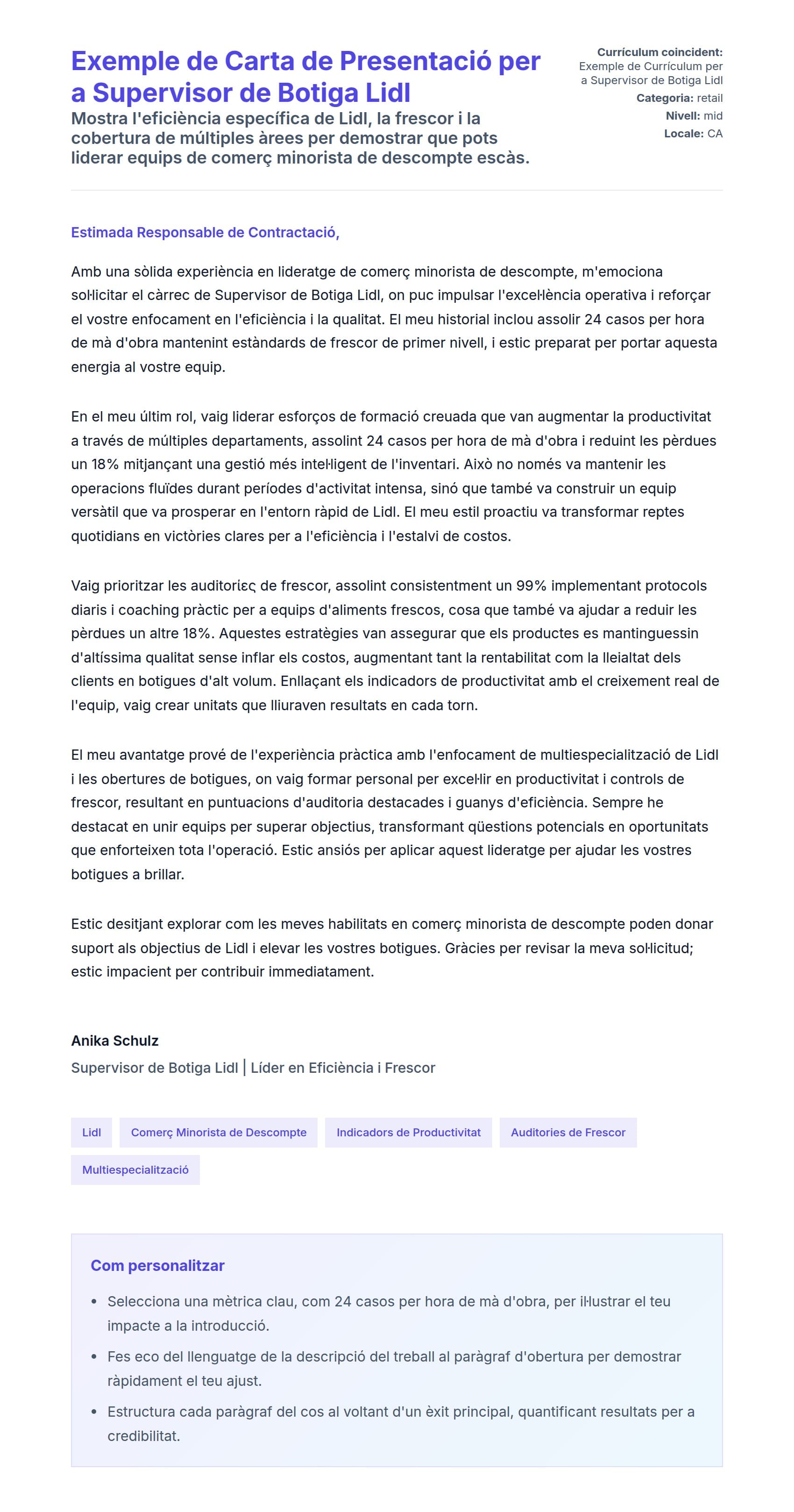 Previsualització de la carta de presentació per a Exemple de Carta de Presentació per a Supervisor de Botiga Lidl