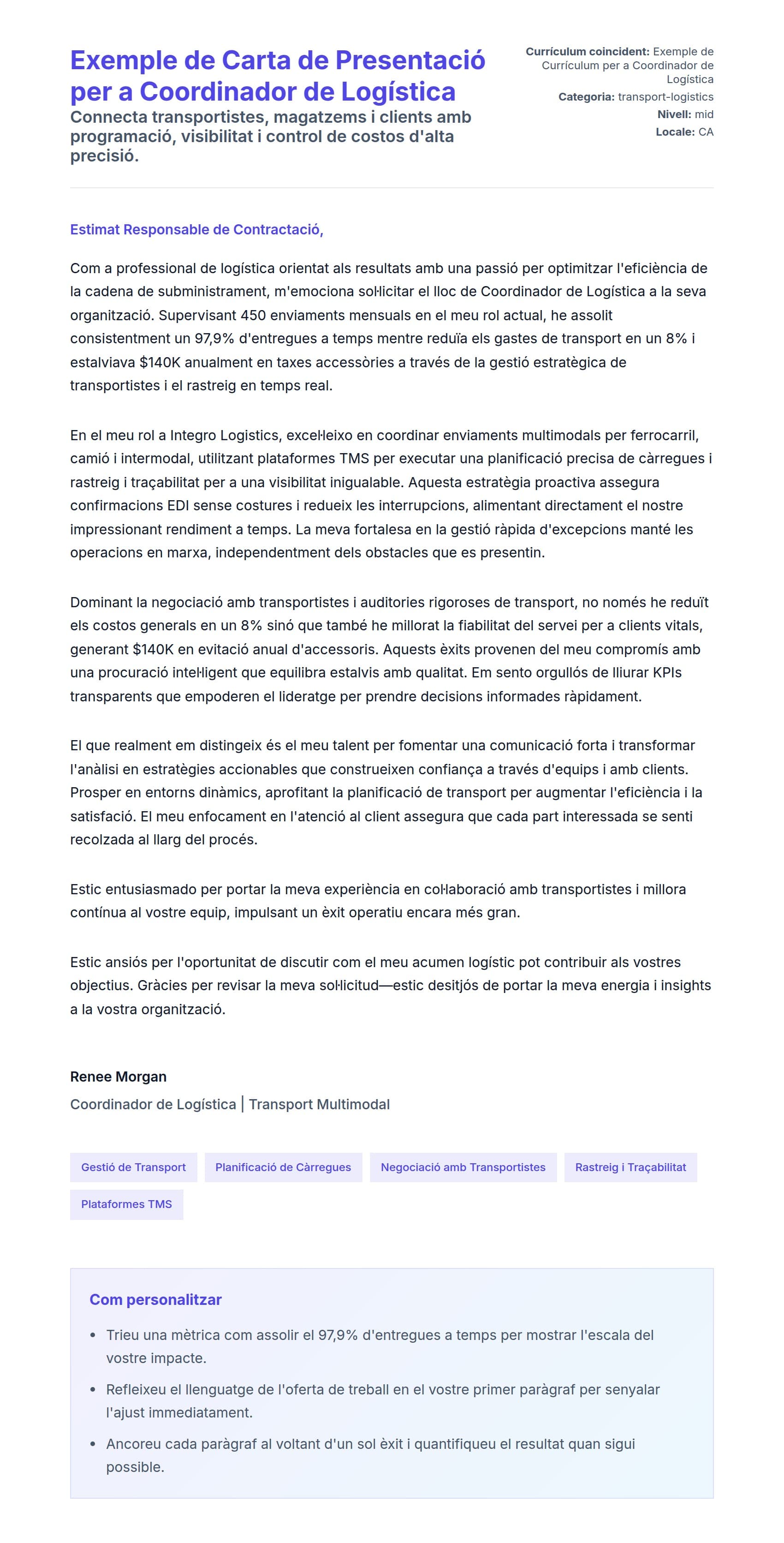 Previsualització de la carta de presentació per a Exemple de Carta de Presentació per a Coordinador de Logística