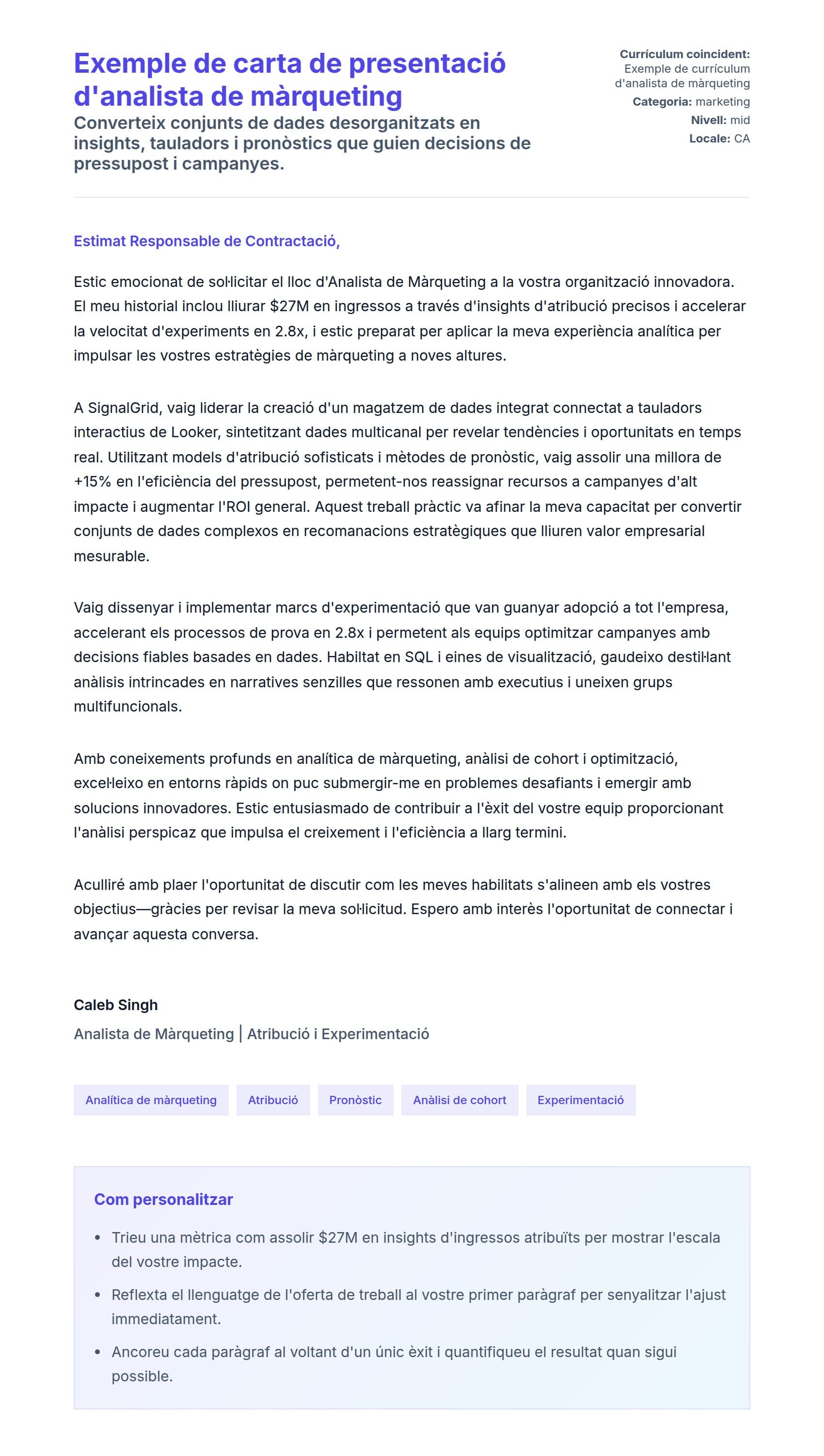 Previsualització de la carta de presentació per a Exemple de carta de presentació d'analista de màrqueting