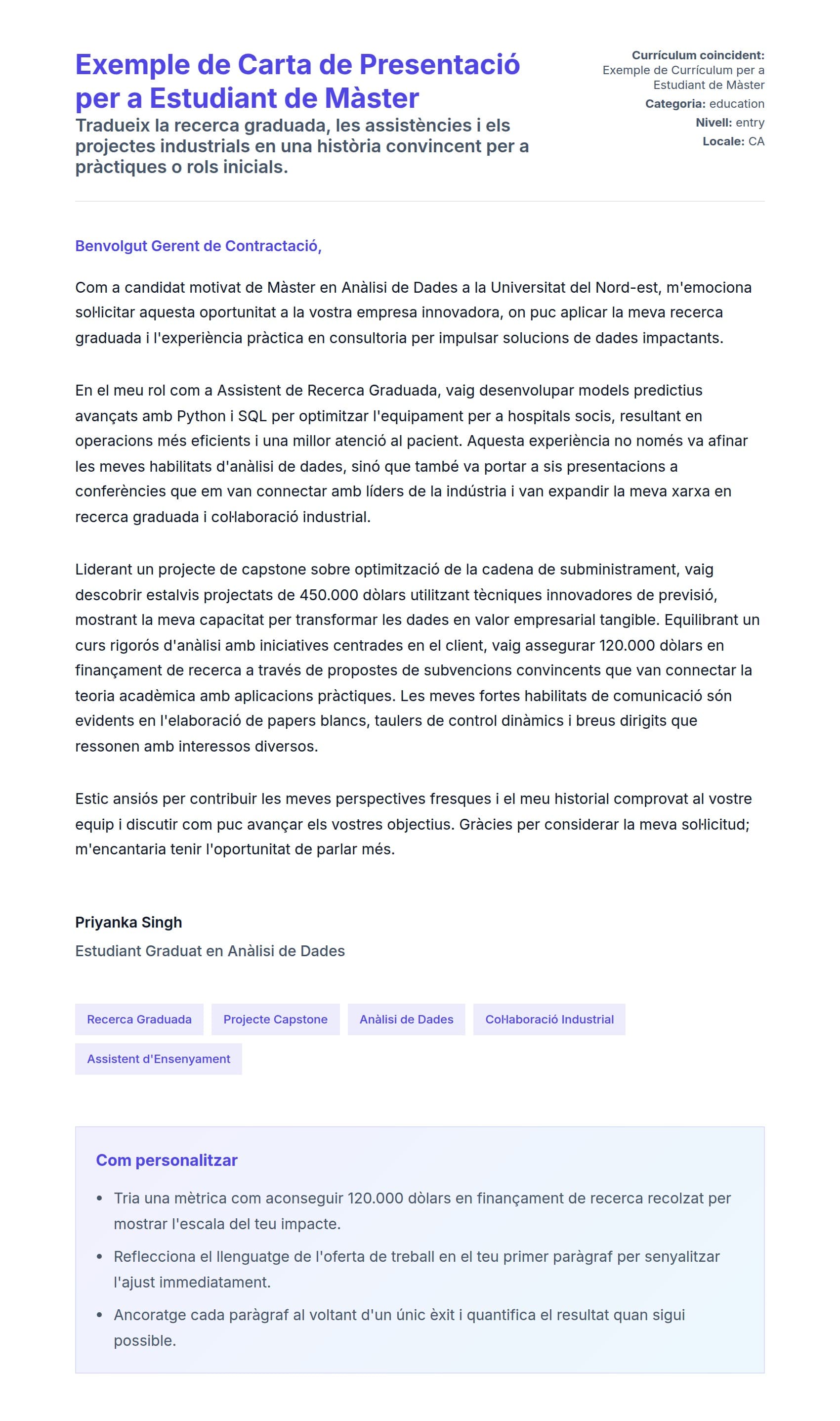 Previsualització de la carta de presentació per a Exemple de Carta de Presentació per a Estudiant de Màster