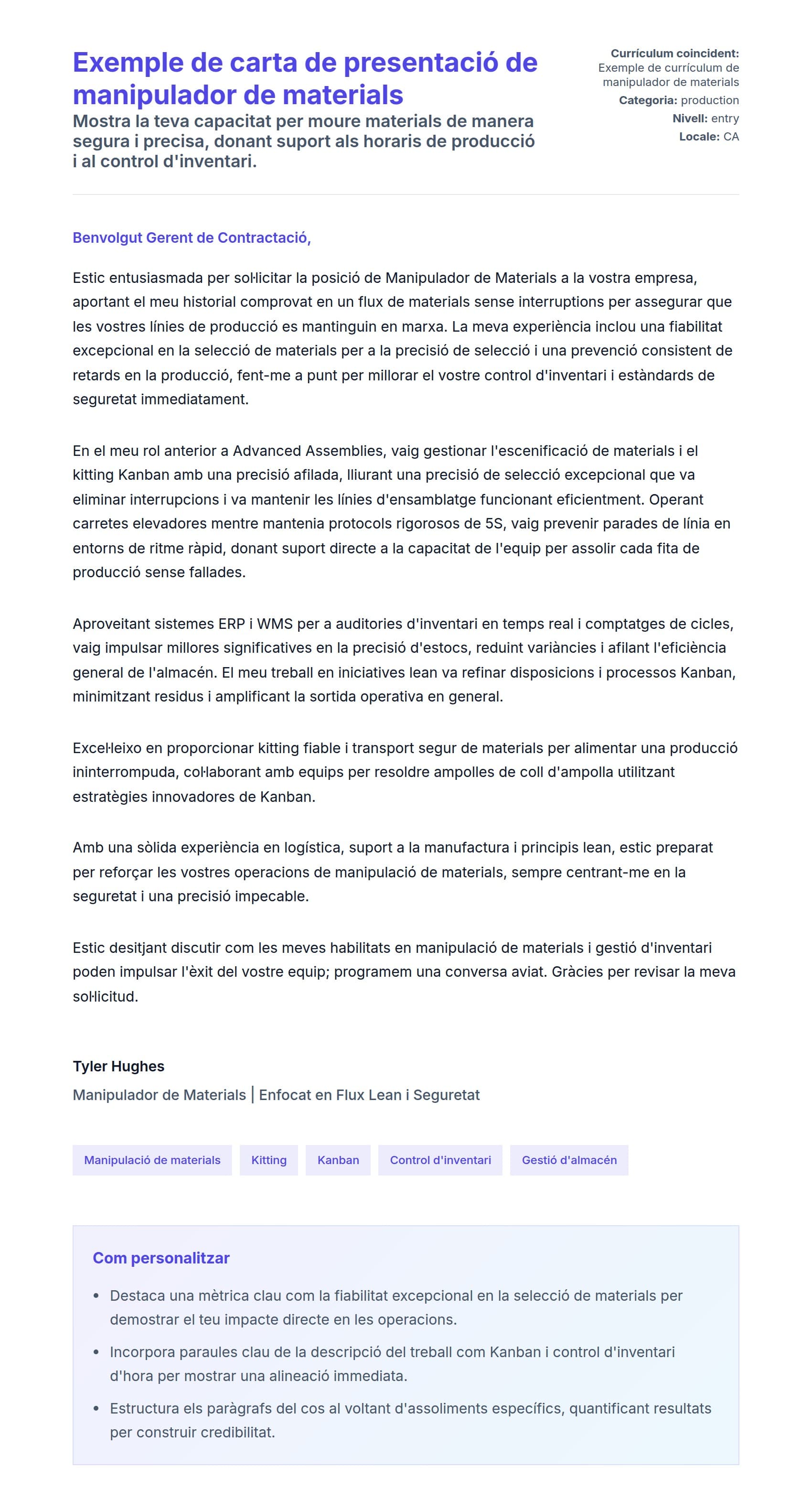 Previsualització de la carta de presentació per a Exemple de carta de presentació de manipulador de materials