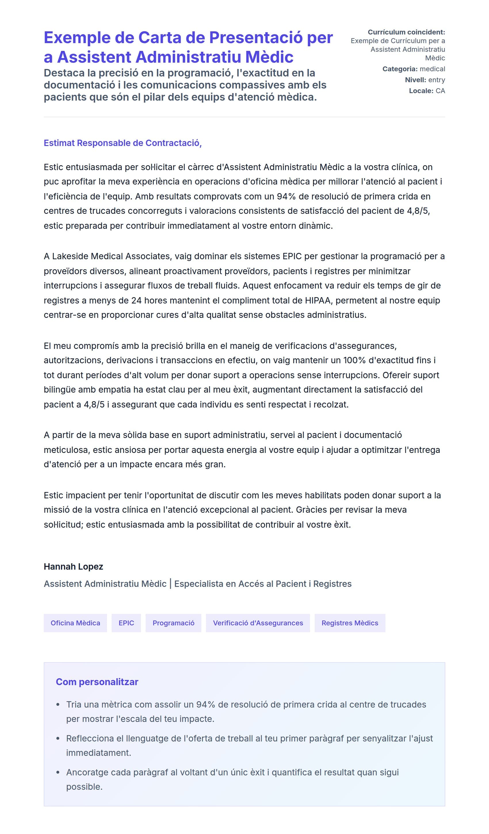 Previsualització de la carta de presentació per a Exemple de Carta de Presentació per a Assistent Administratiu Mèdic