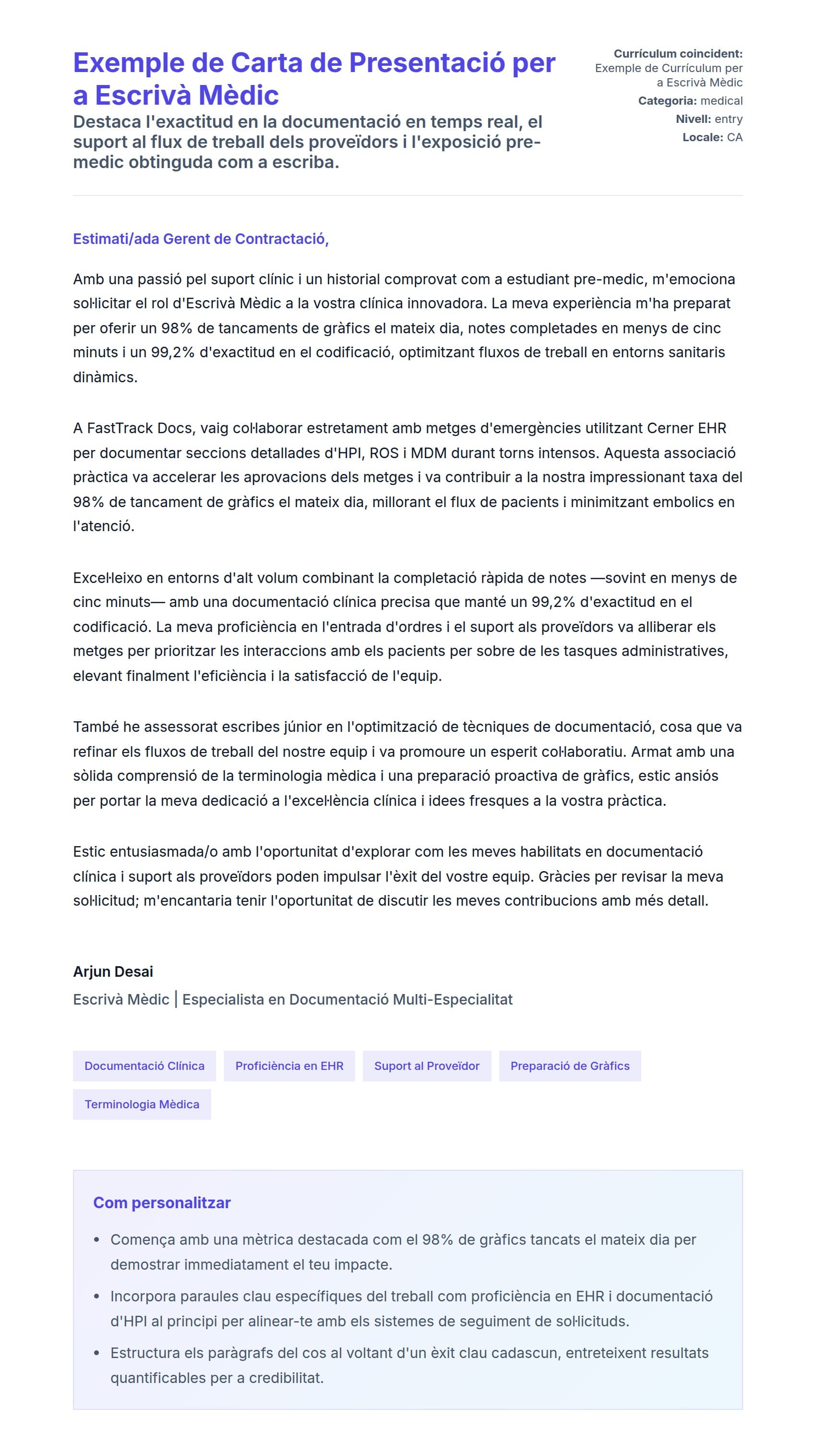 Previsualització de la carta de presentació per a Exemple de Carta de Presentació per a Escrivà Mèdic