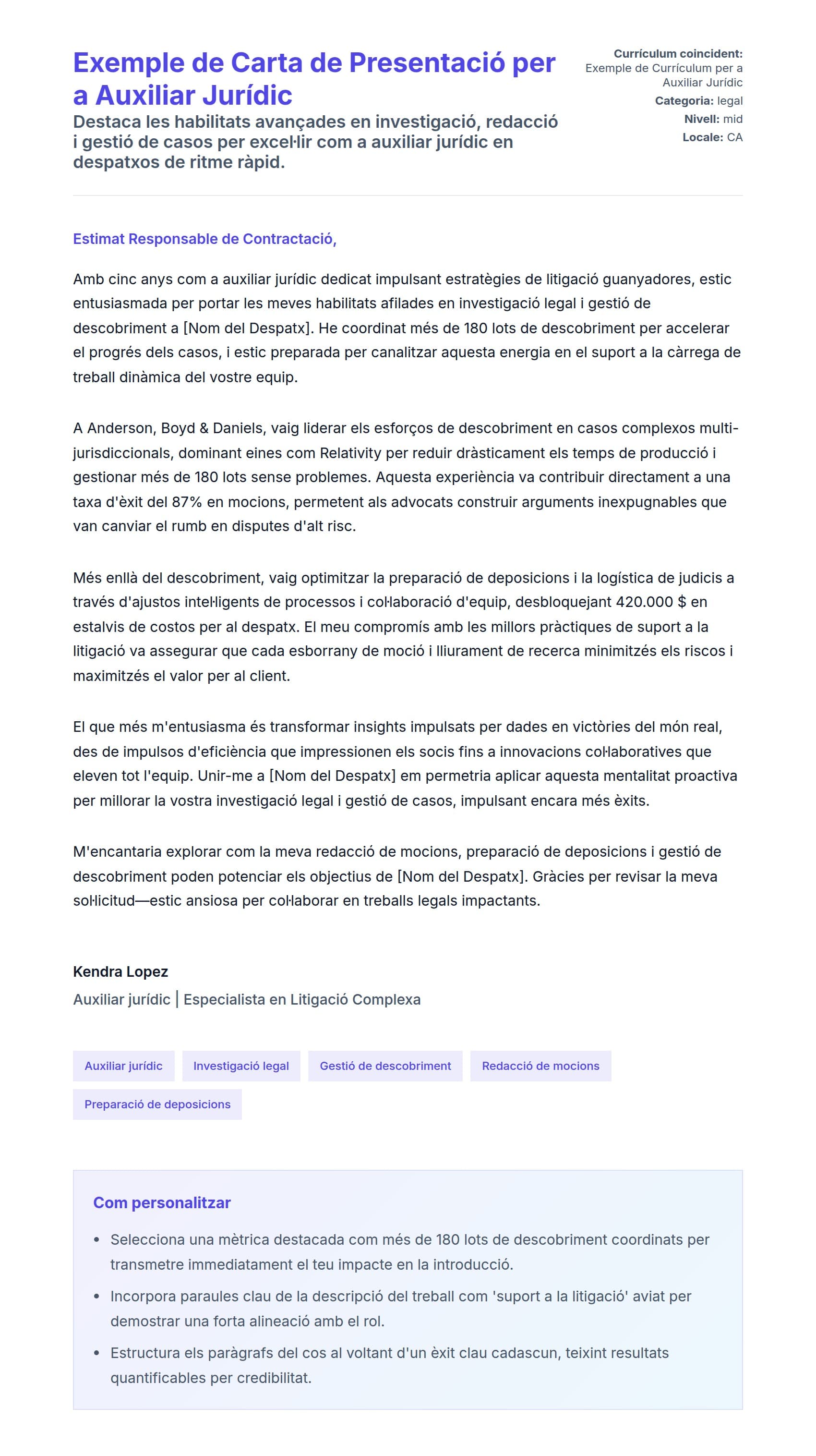 Previsualització de la carta de presentació per a Exemple de Carta de Presentació per a Auxiliar Jurídic