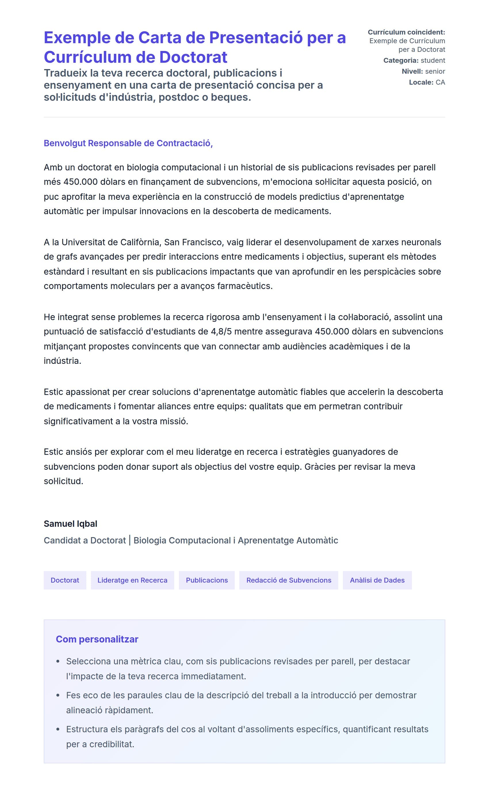 Previsualització de la carta de presentació per a Exemple de Carta de Presentació per a Currículum de Doctorat