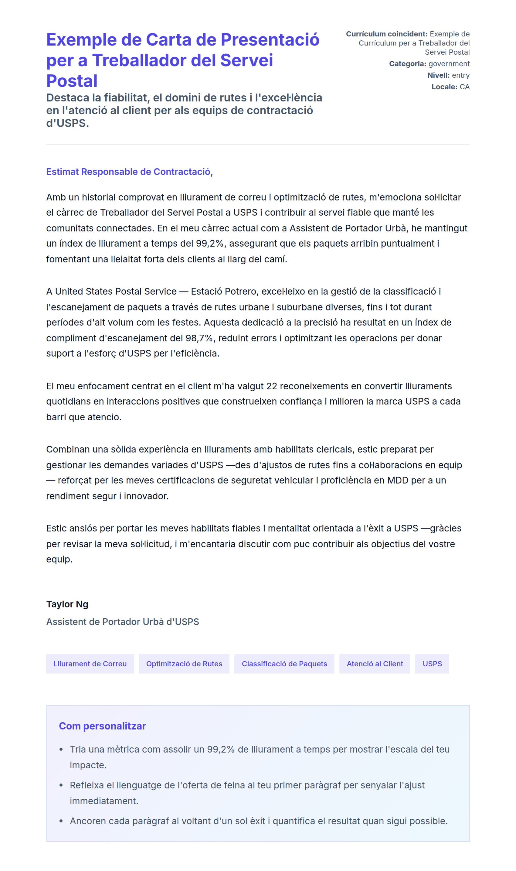 Previsualització de la carta de presentació per a Exemple de Carta de Presentació per a Treballador del Servei Postal