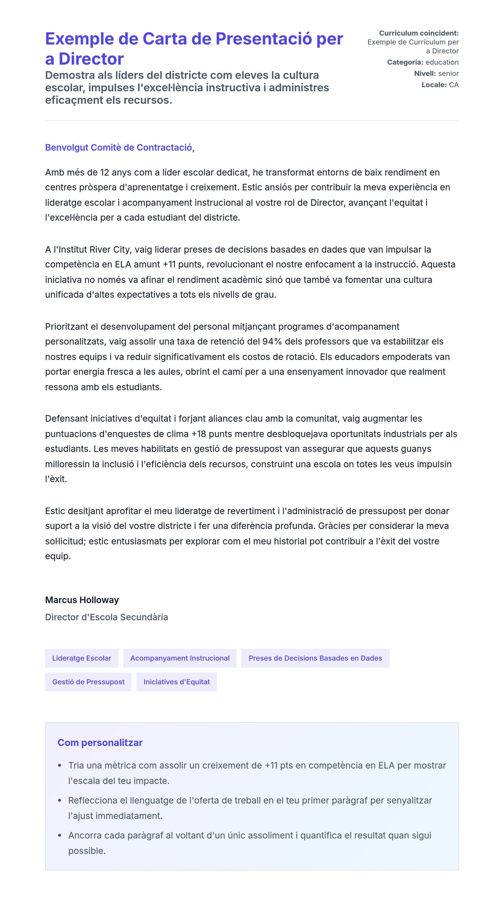 Previsualització de la carta de presentació per a Exemple de Carta de Presentació per a Director