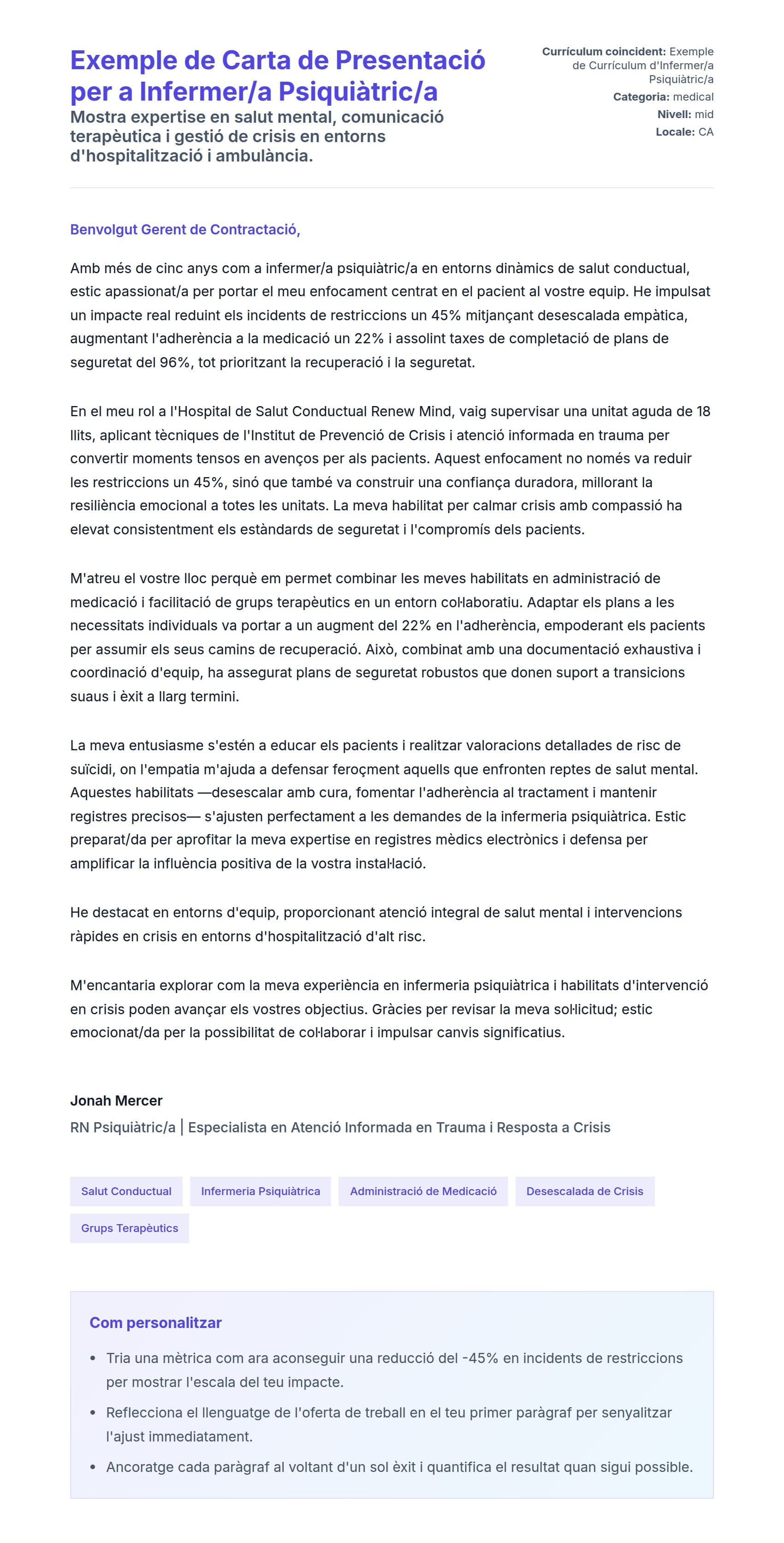 Previsualització de la carta de presentació per a Exemple de Carta de Presentació per a Infermer/a Psiquiàtric/a