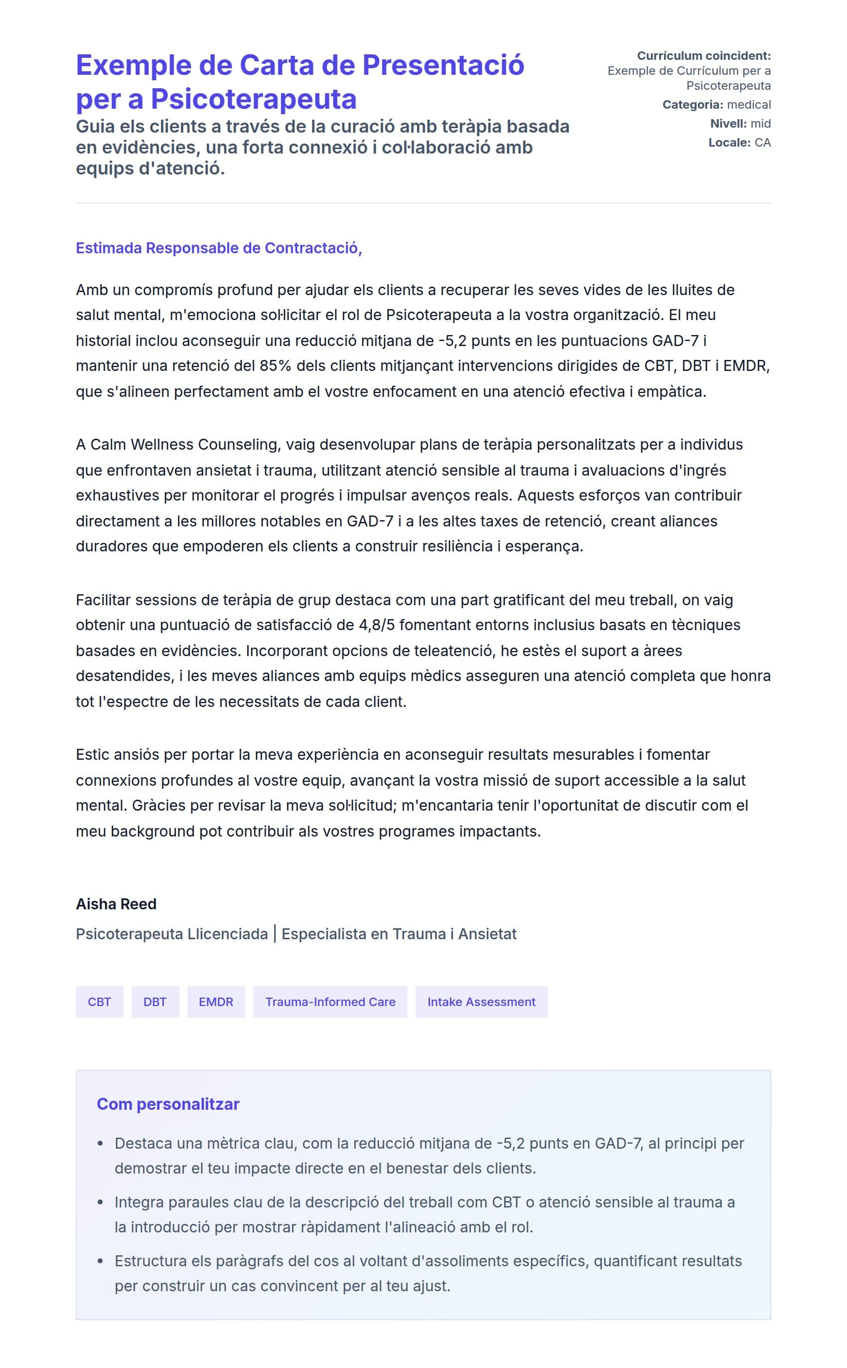 Previsualització de la carta de presentació per a Exemple de Carta de Presentació per a Psicoterapeuta