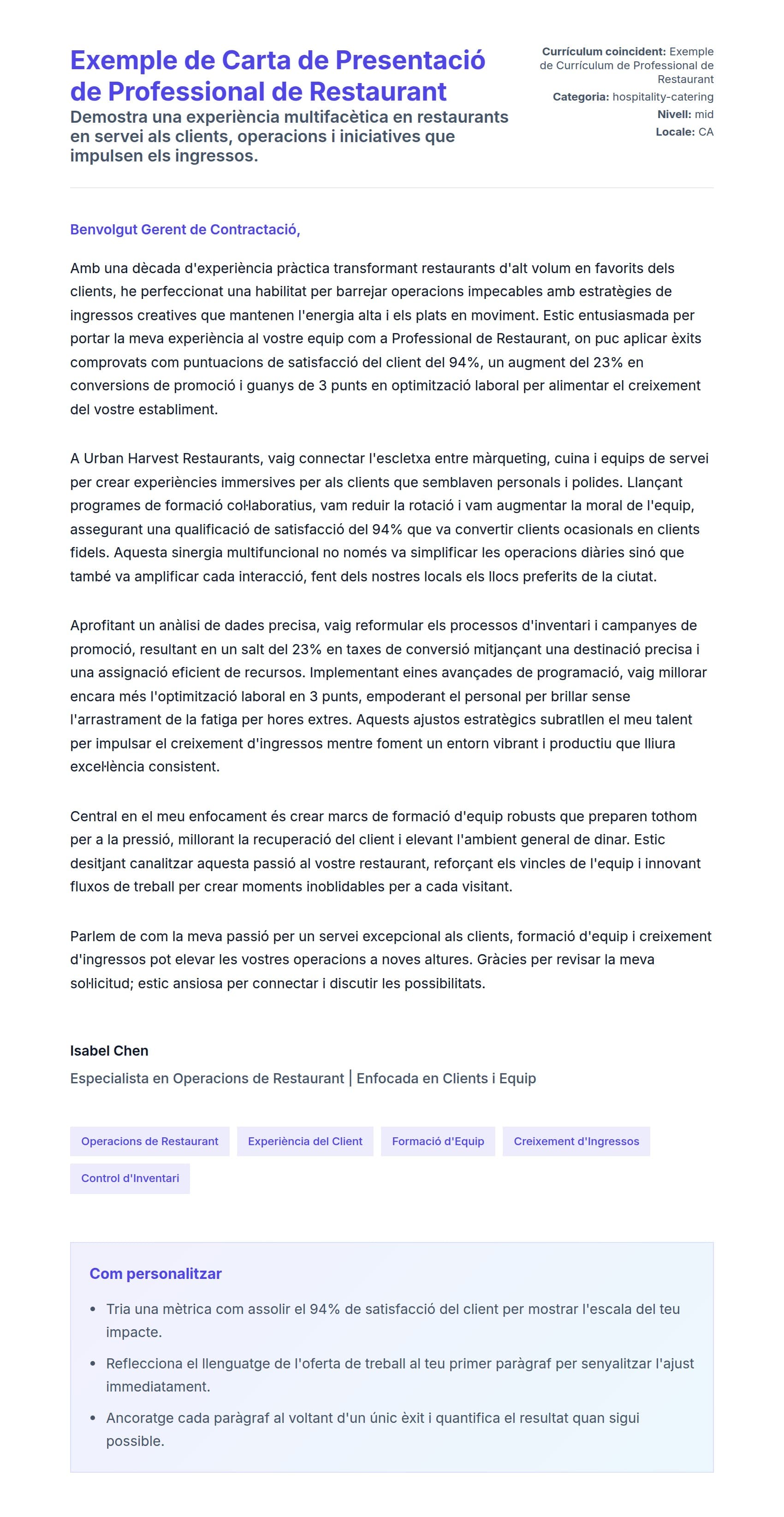 Previsualització de la carta de presentació per a Exemple de Carta de Presentació de Professional de Restaurant