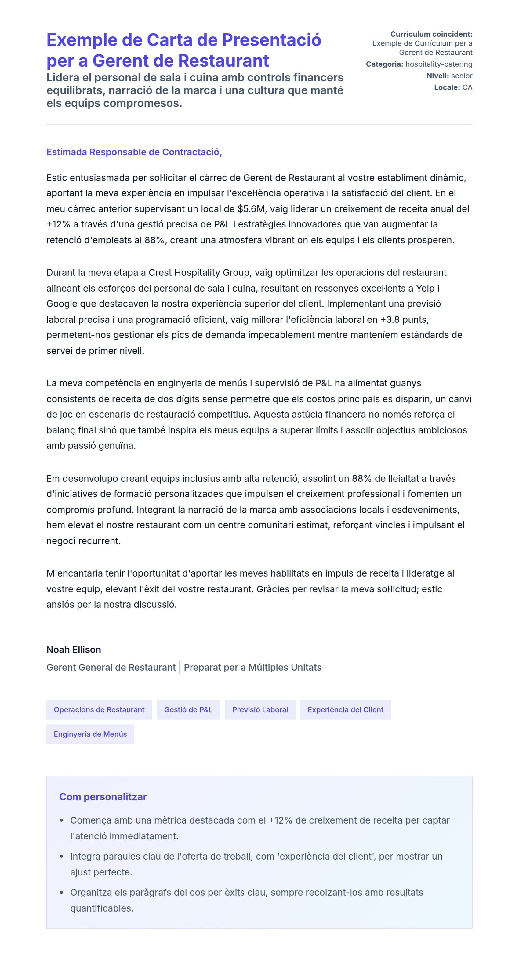 Previsualització de la carta de presentació per a Exemple de Carta de Presentació per a Gerent de Restaurant