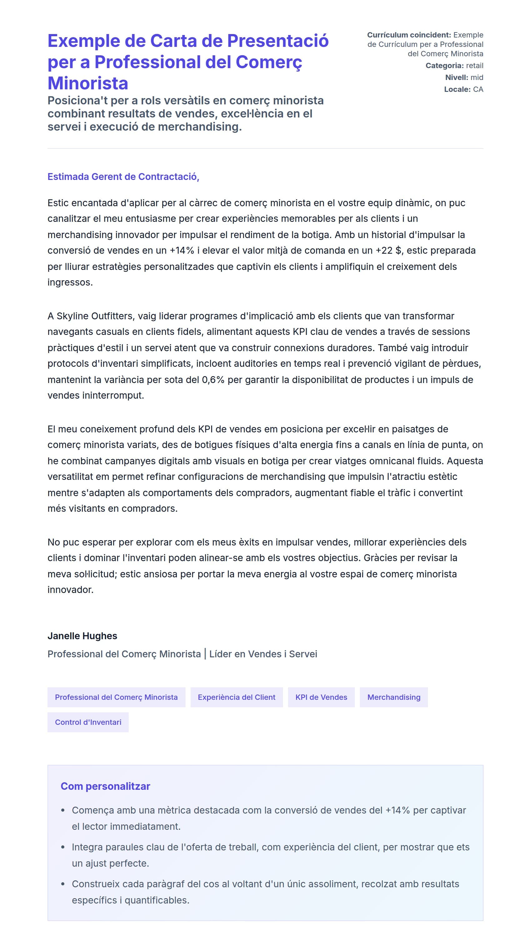 Previsualització de la carta de presentació per a Exemple de Carta de Presentació per a Professional del Comerç Minorista