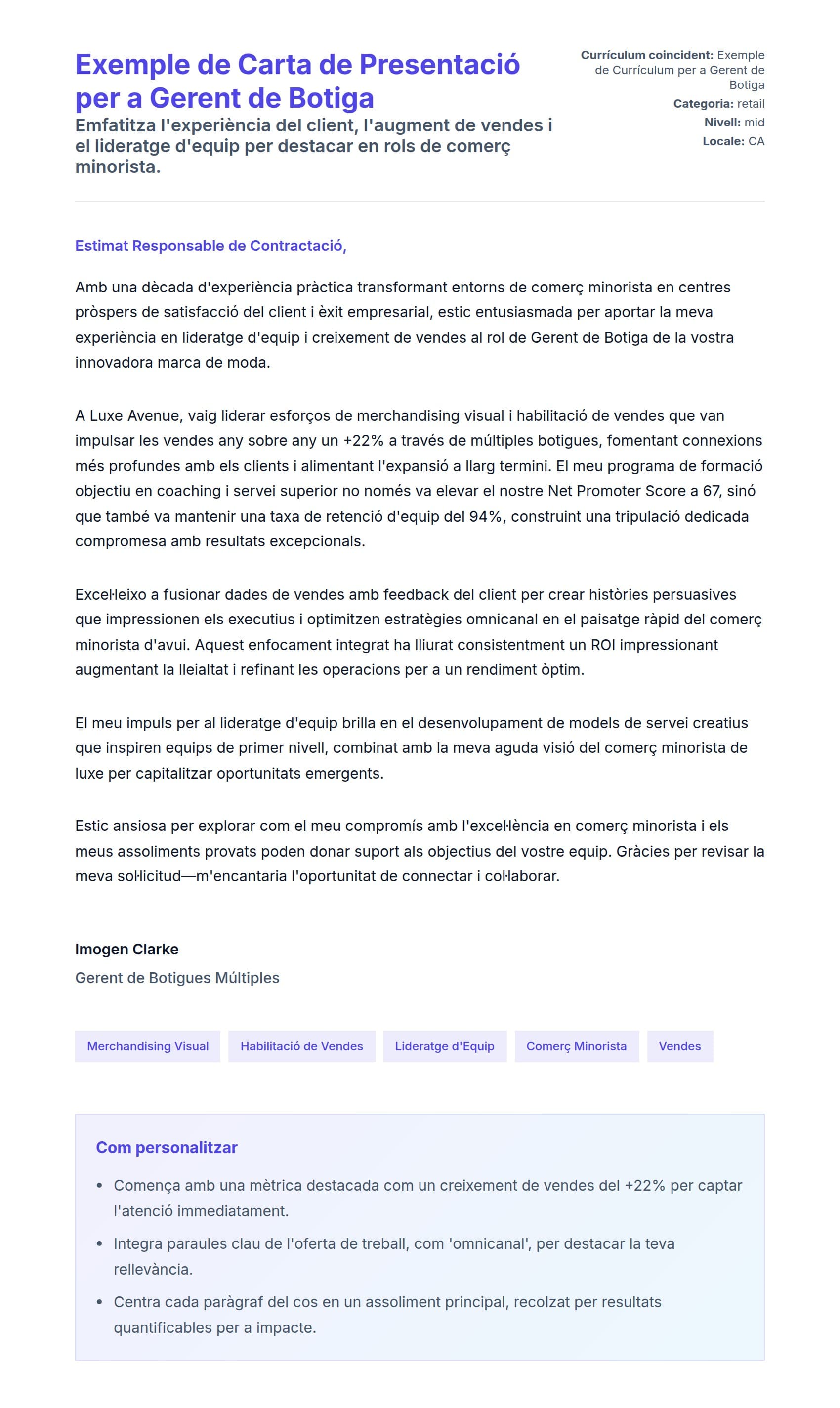 Previsualització de la carta de presentació per a Exemple de Carta de Presentació per a Gerent de Botiga