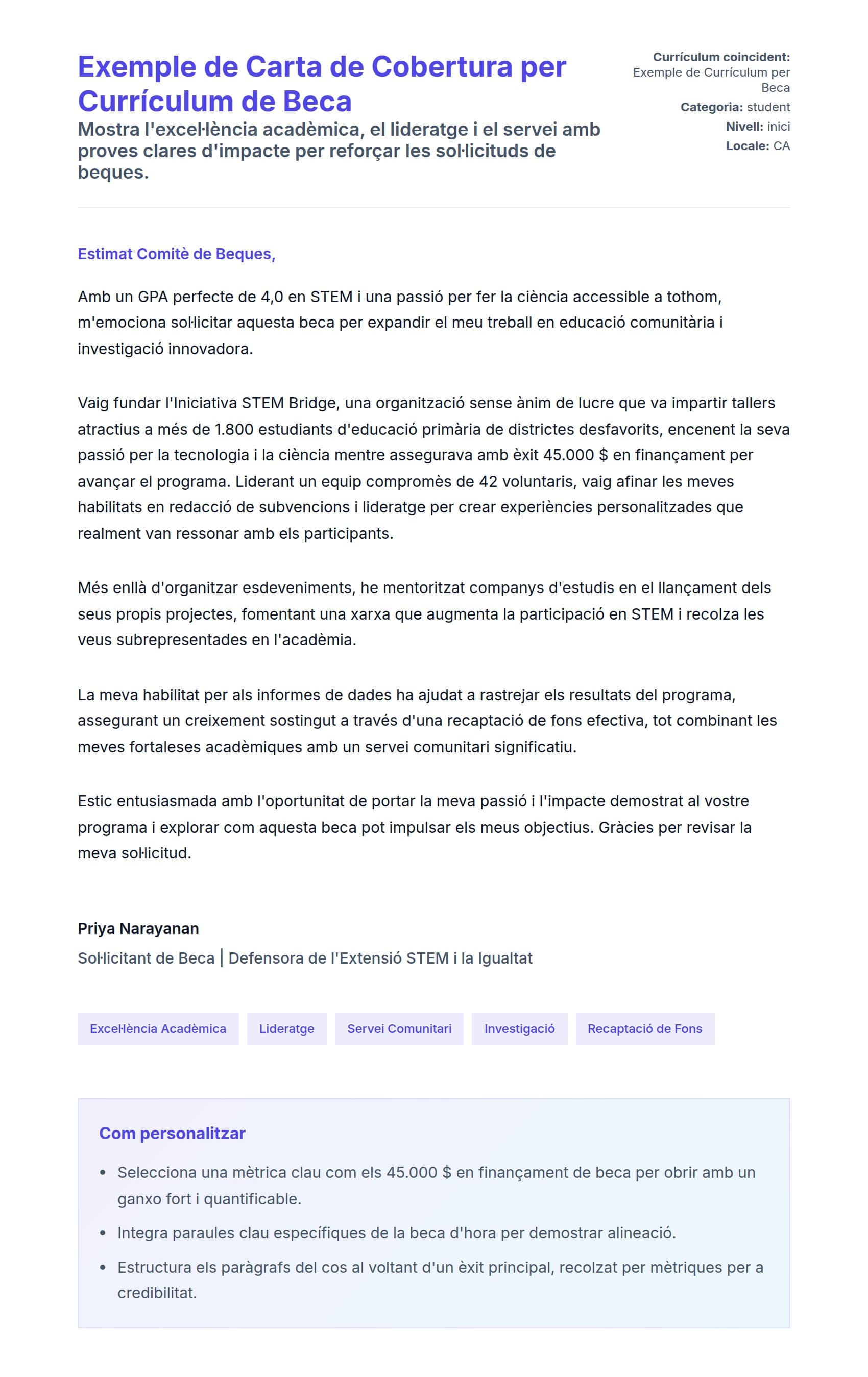 Previsualització de la carta de presentació per a Exemple de Carta de Cobertura per Currículum de Beca
