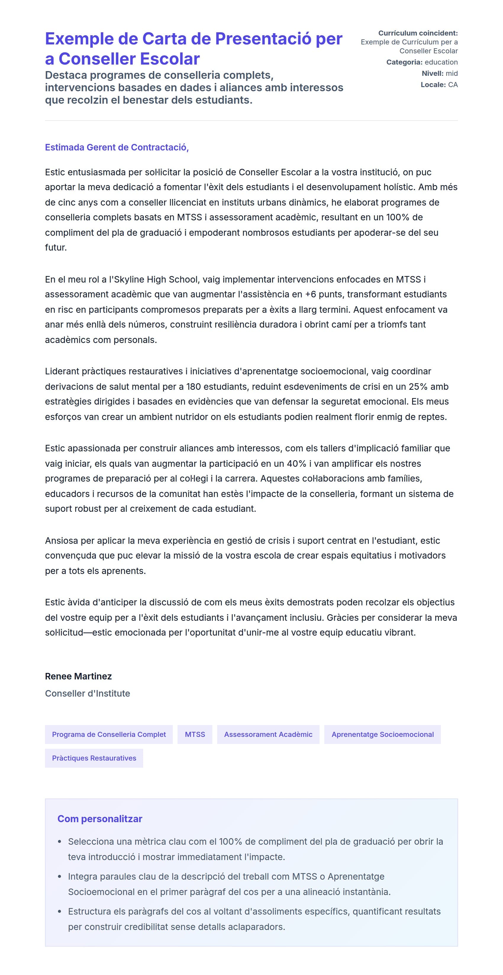 Previsualització de la carta de presentació per a Exemple de Carta de Presentació per a Conseller Escolar