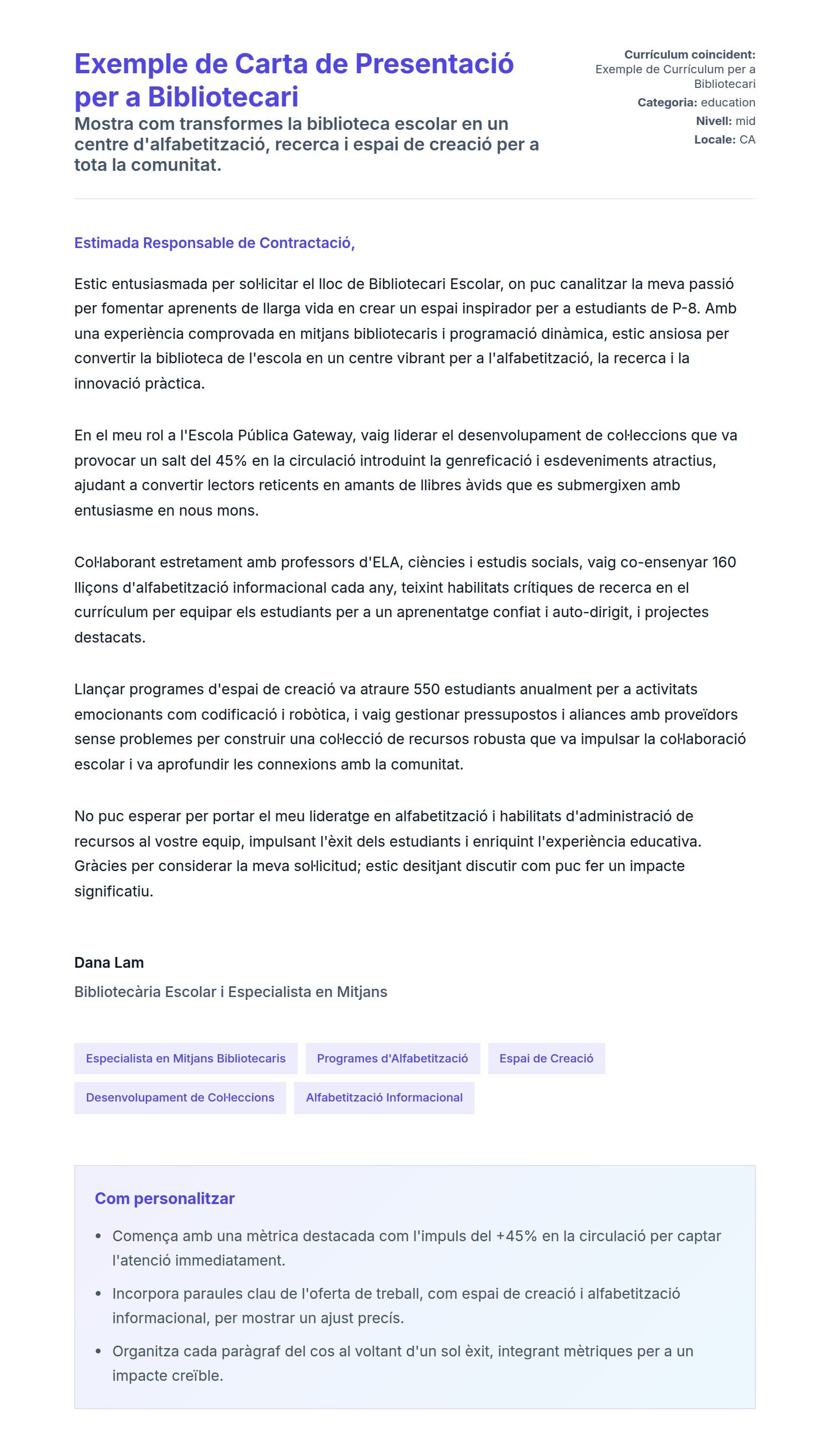 Previsualització de la carta de presentació per a Exemple de Carta de Presentació per a Bibliotecari