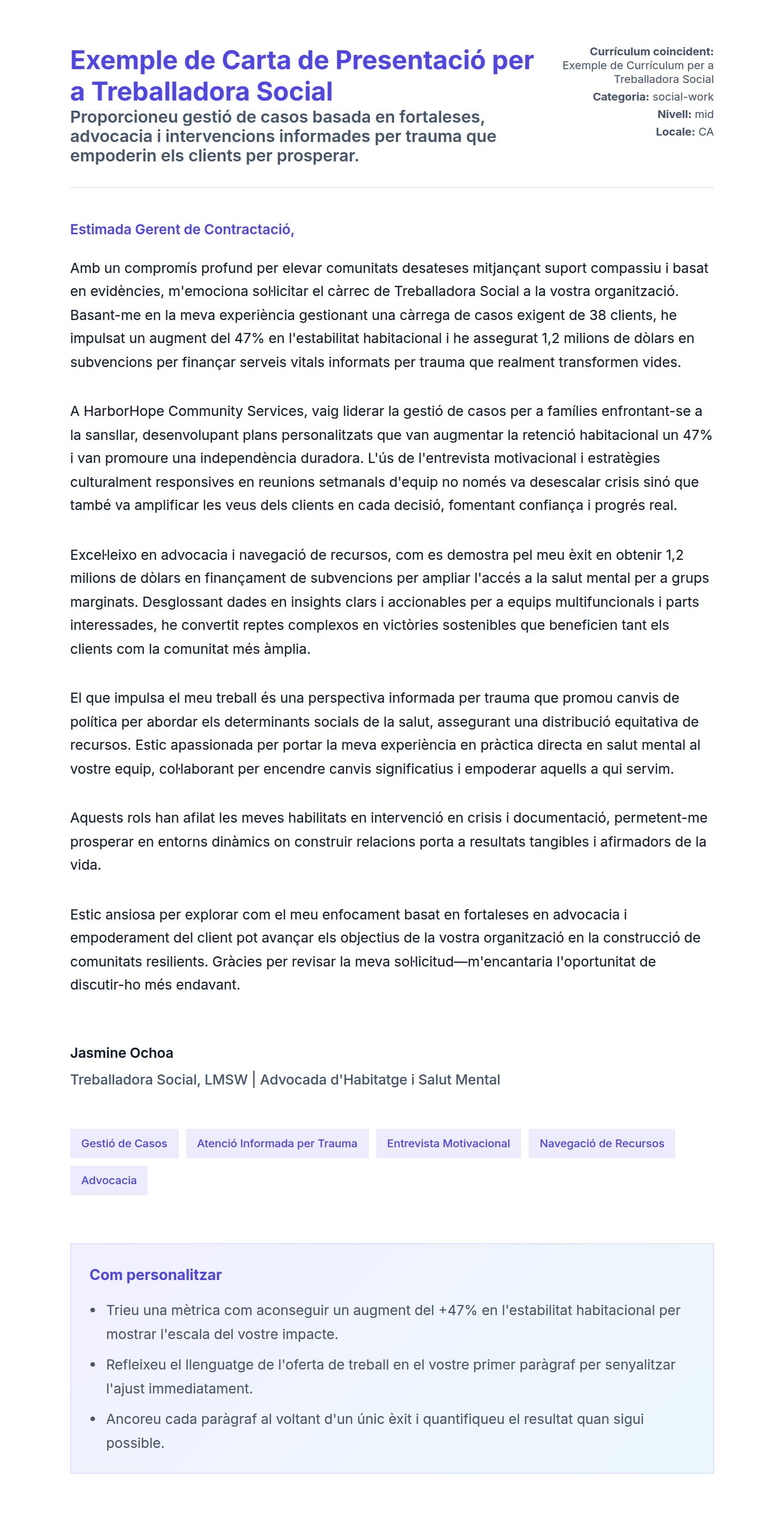 Previsualització de la carta de presentació per a Exemple de Carta de Presentació per a Treballadora Social