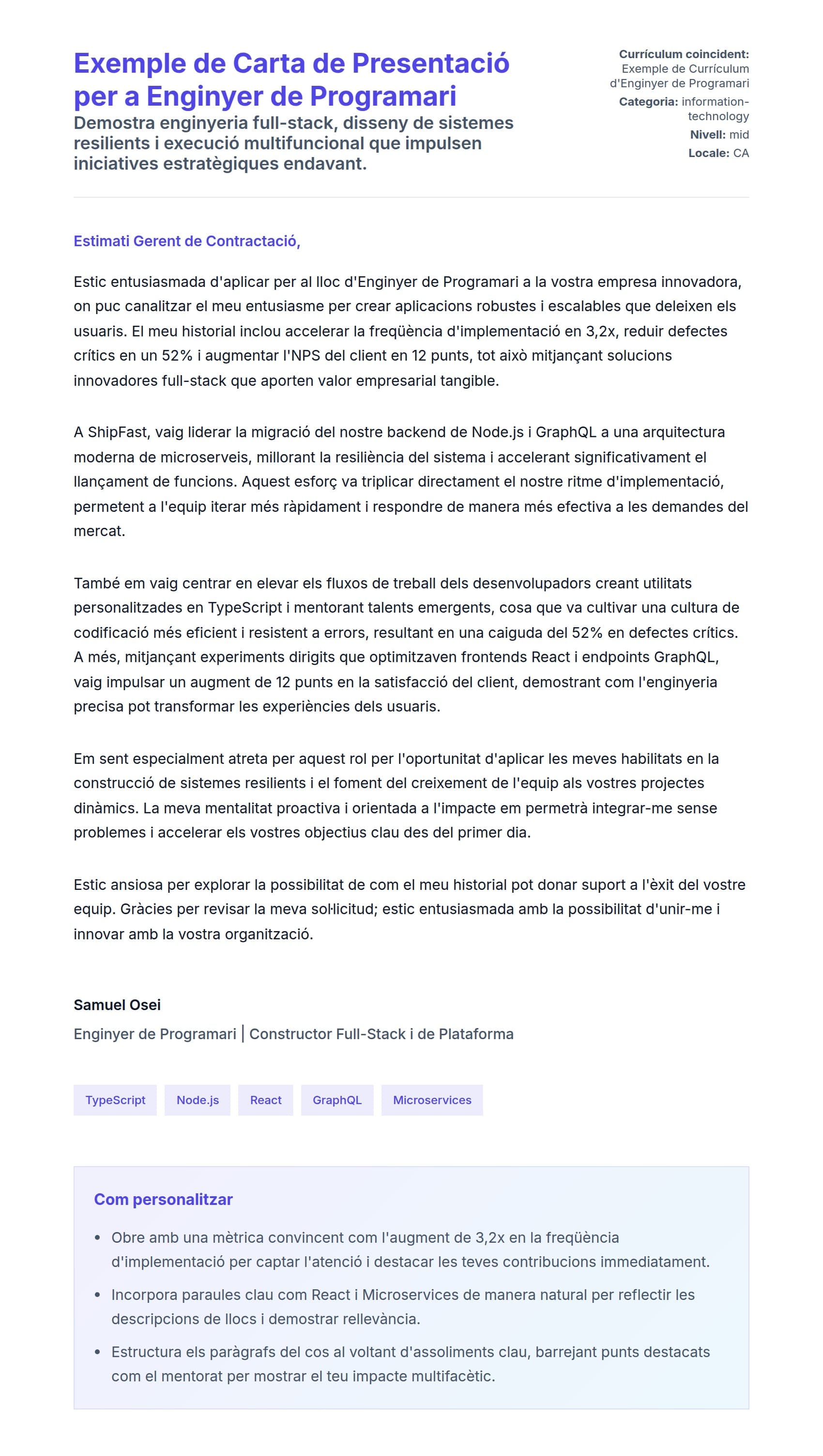 Previsualització de la carta de presentació per a Exemple de Carta de Presentació per a Enginyer de Programari