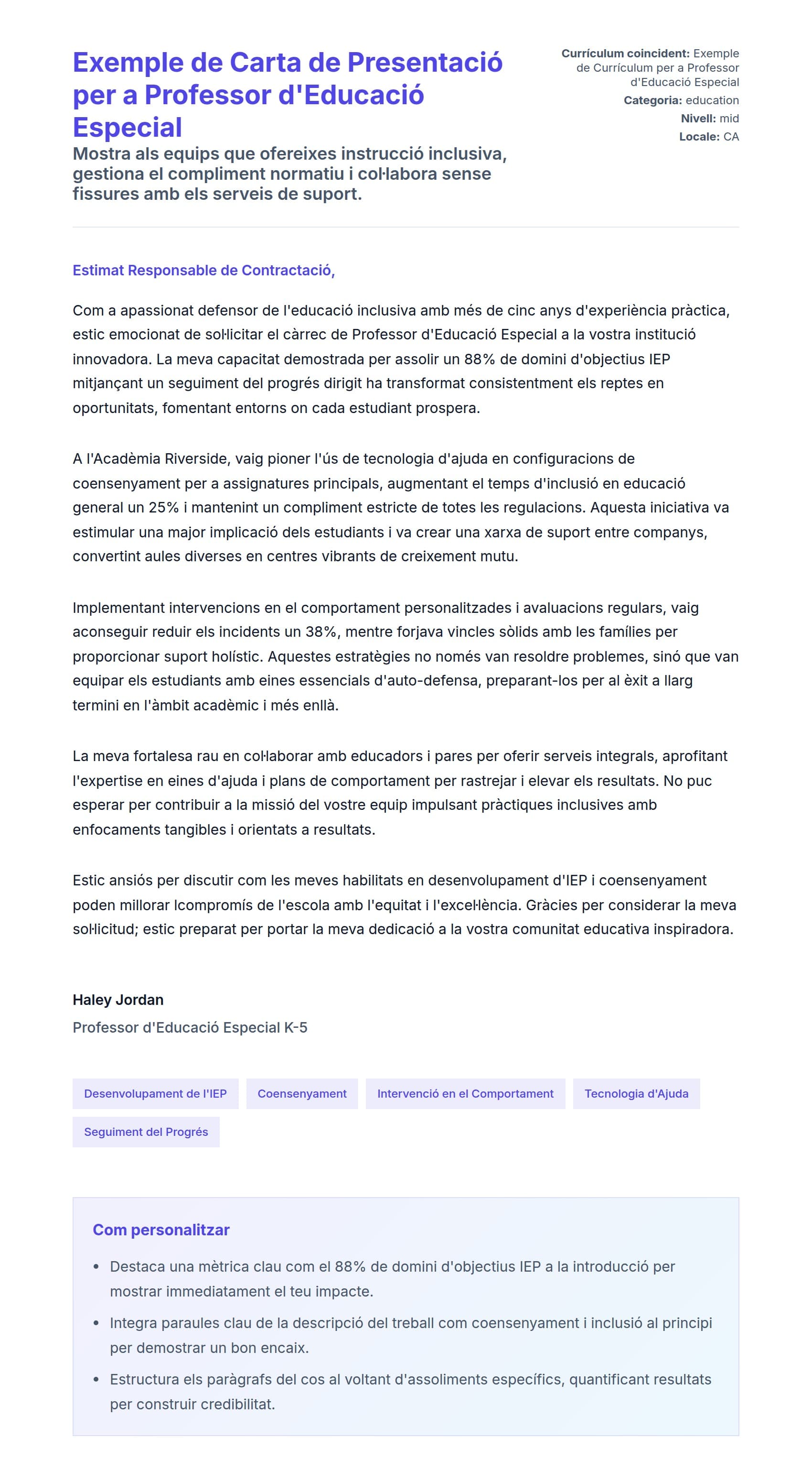Previsualització de la carta de presentació per a Exemple de Carta de Presentació per a Professor d'Educació Especial