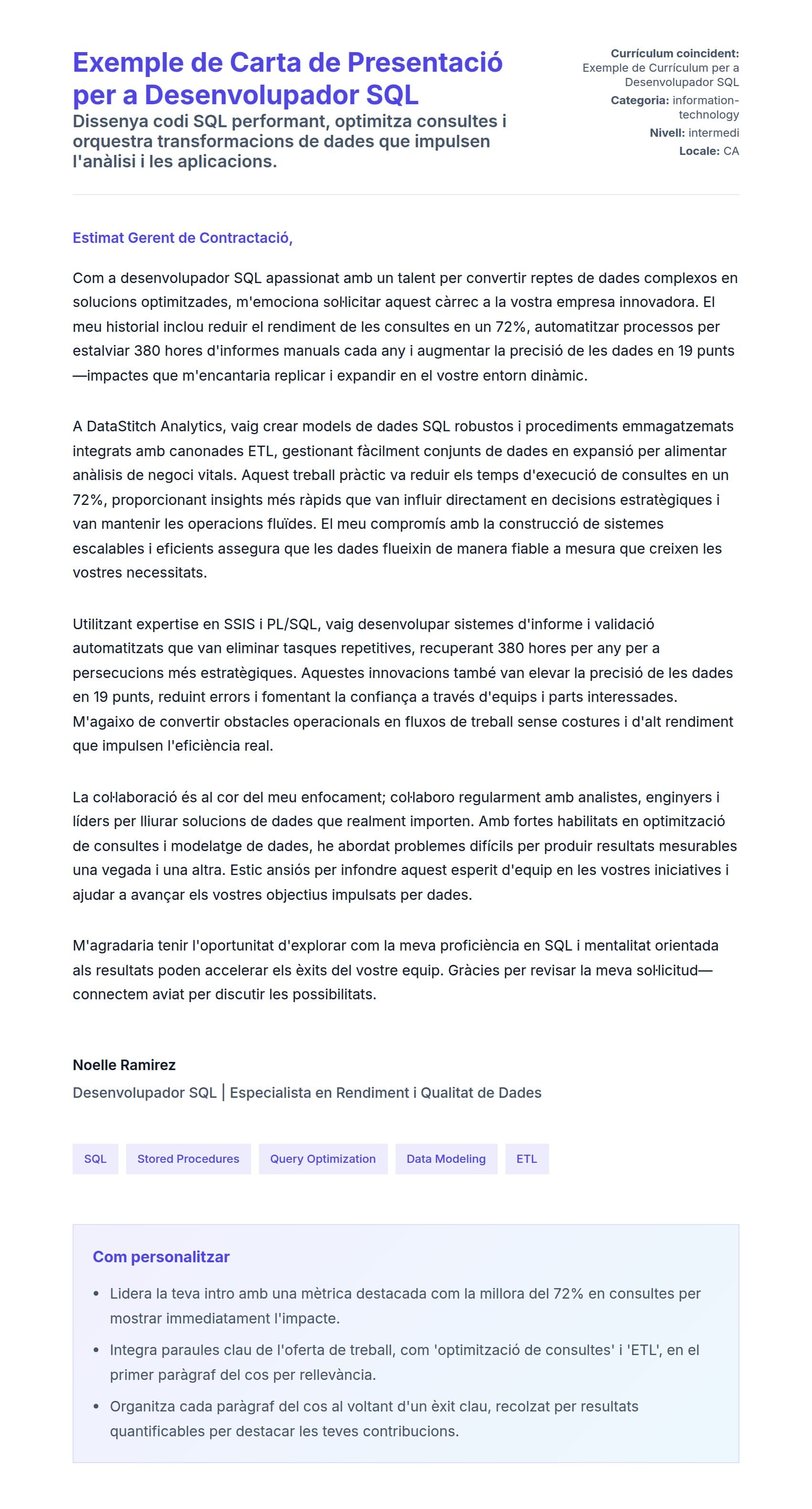 Previsualització de la carta de presentació per a Exemple de Carta de Presentació per a Desenvolupador SQL