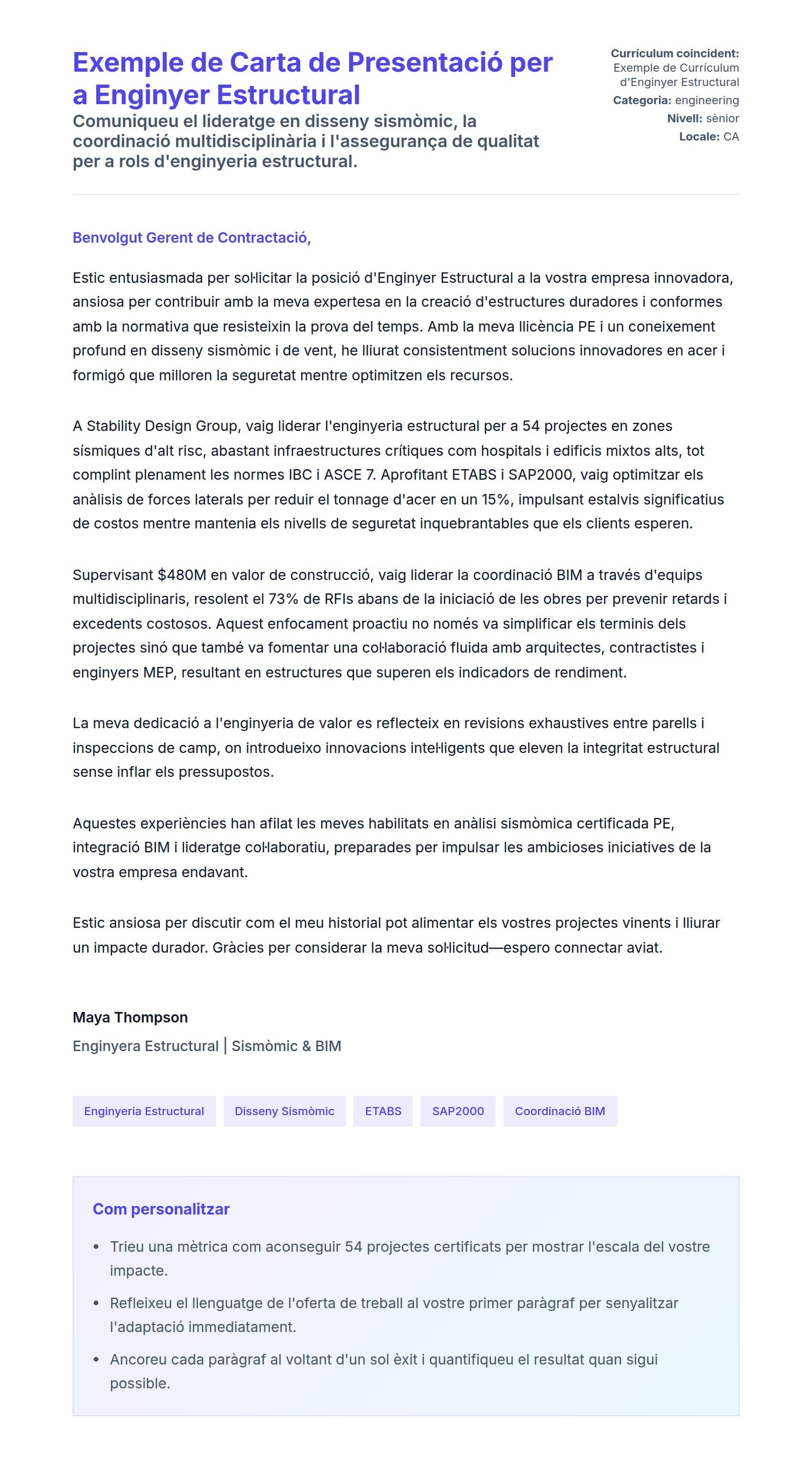 Previsualització de la carta de presentació per a Exemple de Carta de Presentació per a Enginyer Estructural